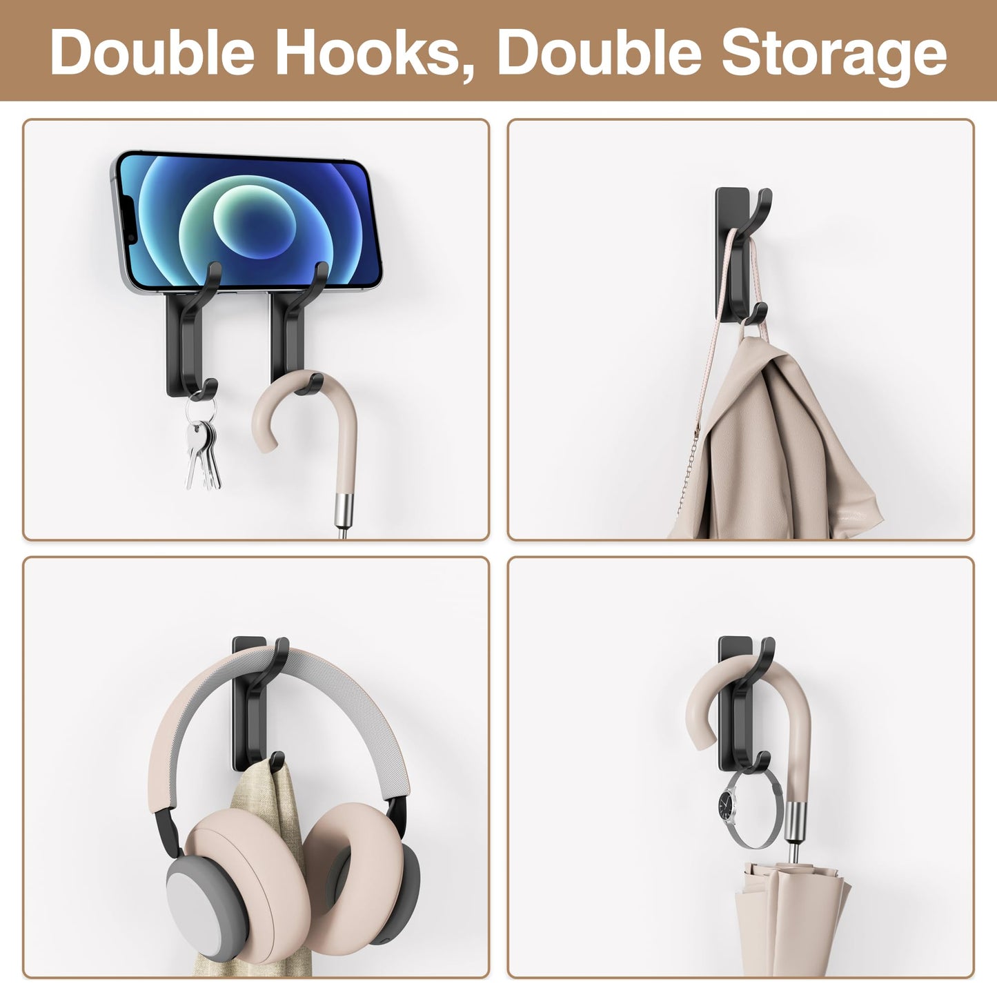 pickpiff Adhesive Wall Coat Hooks - Heavy Duty Stick-On Door Hanger, Metal Hook for Hanging Towel,Purse, Robe, Backpack, Jacket, Clothes - for Bathroom,Dorm, Closet, Kitchen - Black, 6 Pack