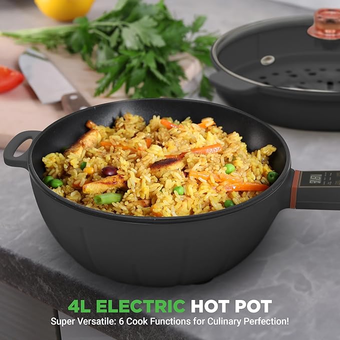 Nutrichef 4L Electric Frying Pan & 4L Steamer | Multifunctional Portable 1000W Non-Stick Pot for Cooking | Durable Heat Safe Handle | Touch Control Panel | Electric Hot Pot | Black