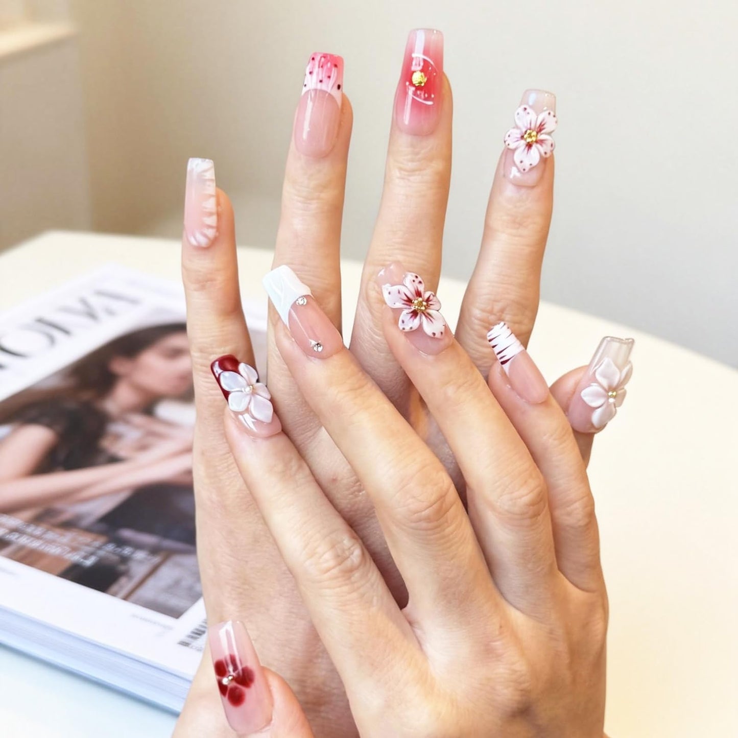 Nude Pink Handmade Press On Nails – Long Coffin Rhinestone & Flower Fake Nails, Full Cover Thick Acrylic & Multi-Layer Gel Stick On Nails Spring Pattern (M-10PCS)