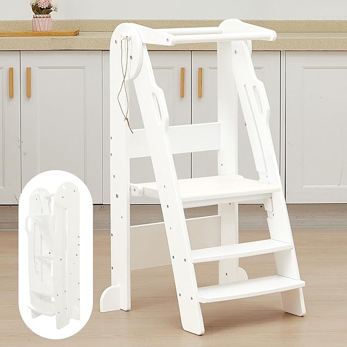FUNLIO Foldable Kitchen Step Stool for Kids 2-6 Years, Montessori Step Stool, 3-Level Height Adjustable Standing Tower, Easy to Assemble, CPC & CE, White