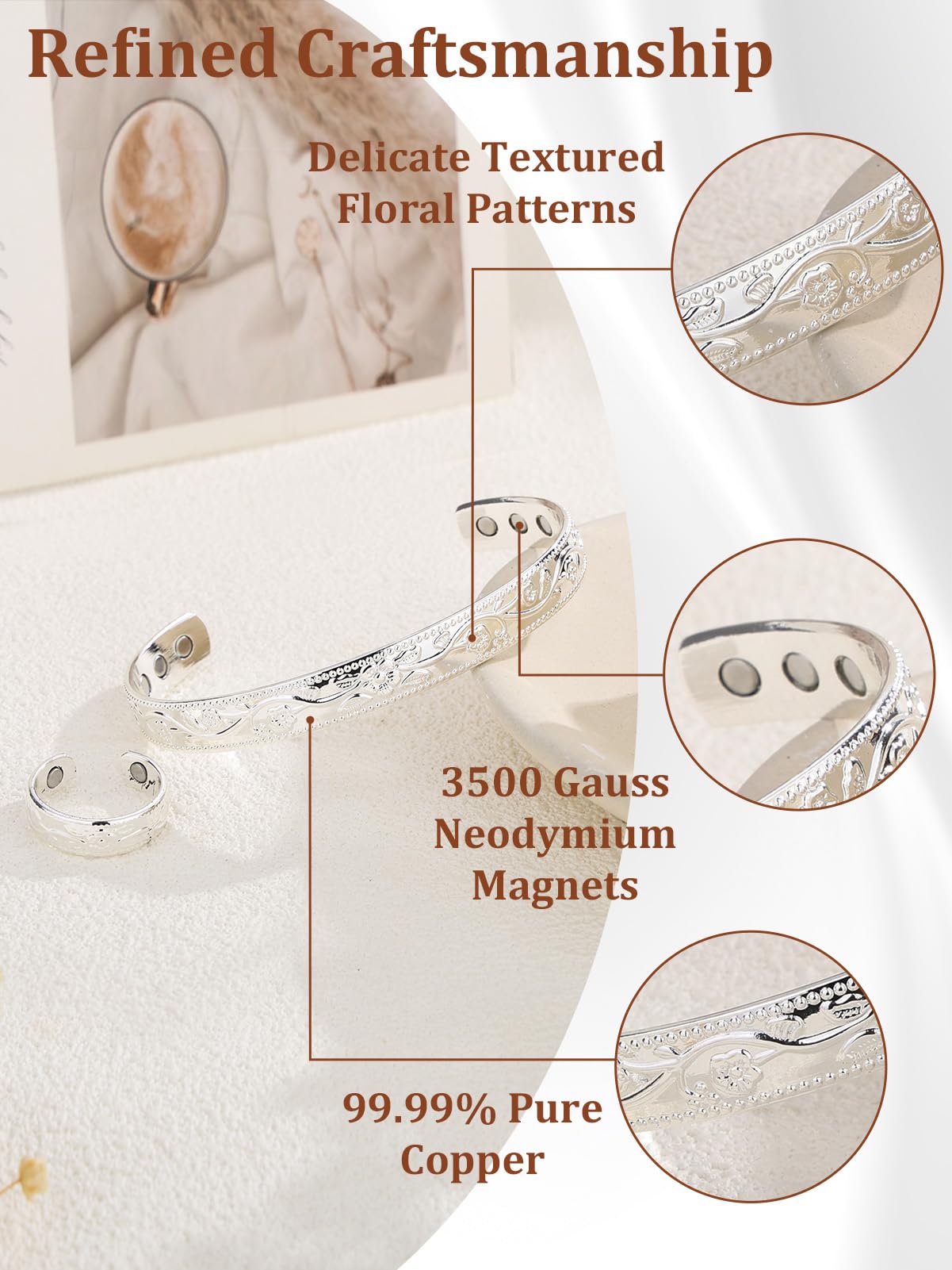 BioMag Lymphatic Drainage Ring & Copper Bracelet, 99.99% Pure Copper Magnetic Bracelet & Ring with Built-in 3500 Gauss Magnets, Adjustable Size, Floral Vine Pattern