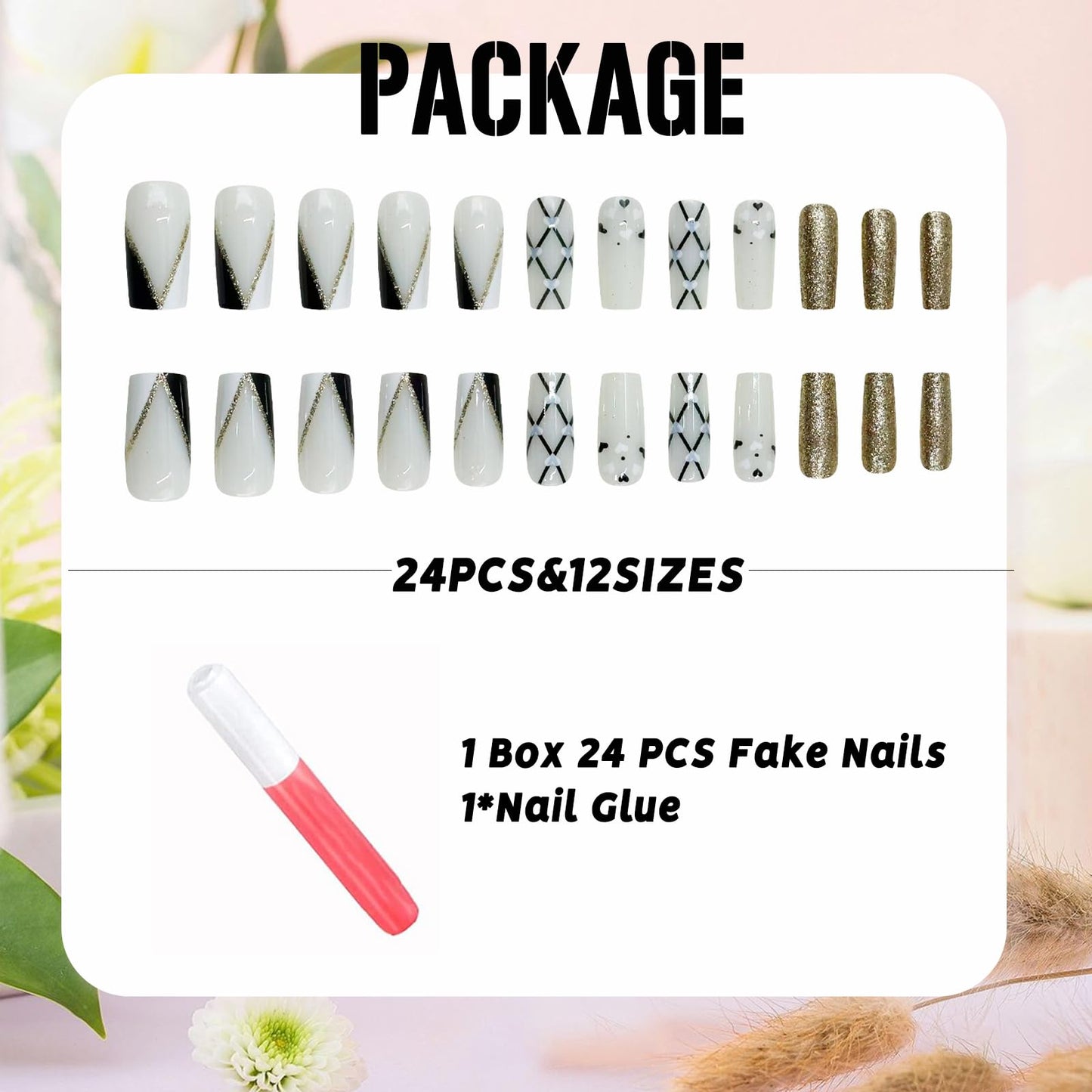 IMSOHOT Press on Nails Long Square Fake Nails with Heart, Golden Glitter Design Black White False Nails Stick on Nails for Women Acrylic Manicure Decoration