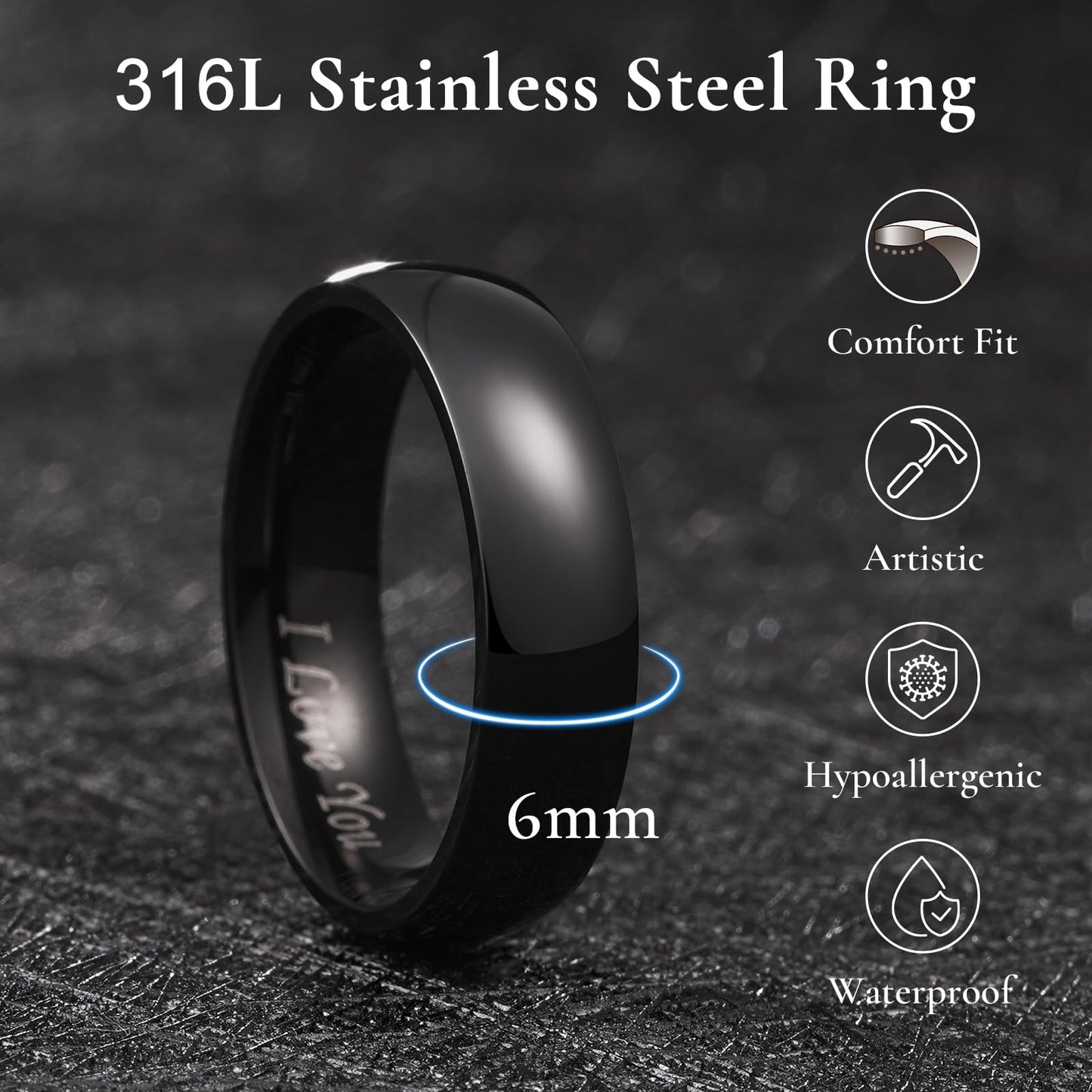 King Will 316L Stainless Steel Wedding Band for Men Women-6mm Width Basic Black Wedding Ring Laser I Love You, High Polished Dome Style Promise Ring Comfort Fit Size 11