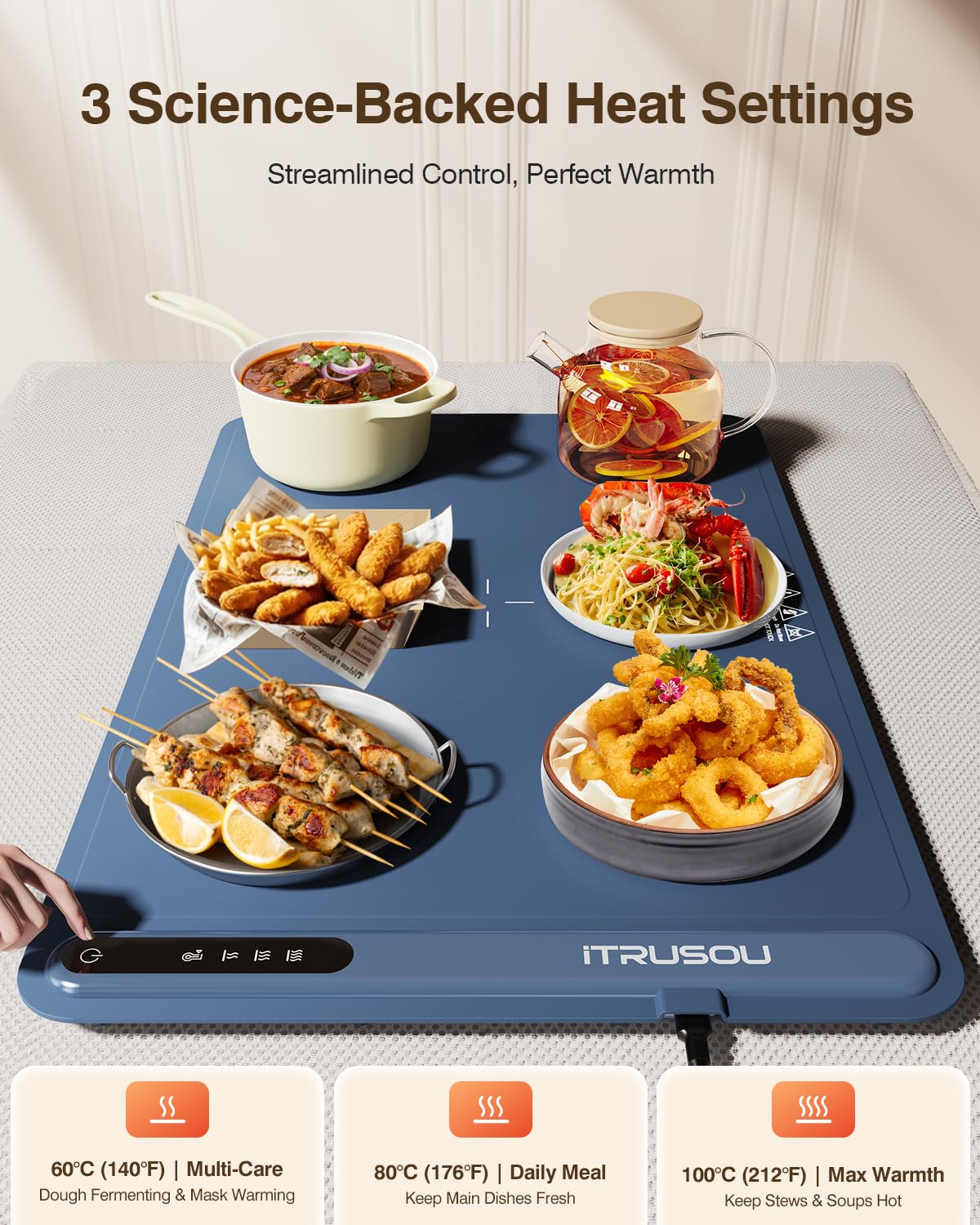 Warming Mat for Food (24"x16") - iTRUSOU 3-Year Classic Electric Warming Tray with 3-Level Temp Control, Rapid Heating 250W Energy-Saving - Rollable Large Food Warming Mat for Parties & Buffet