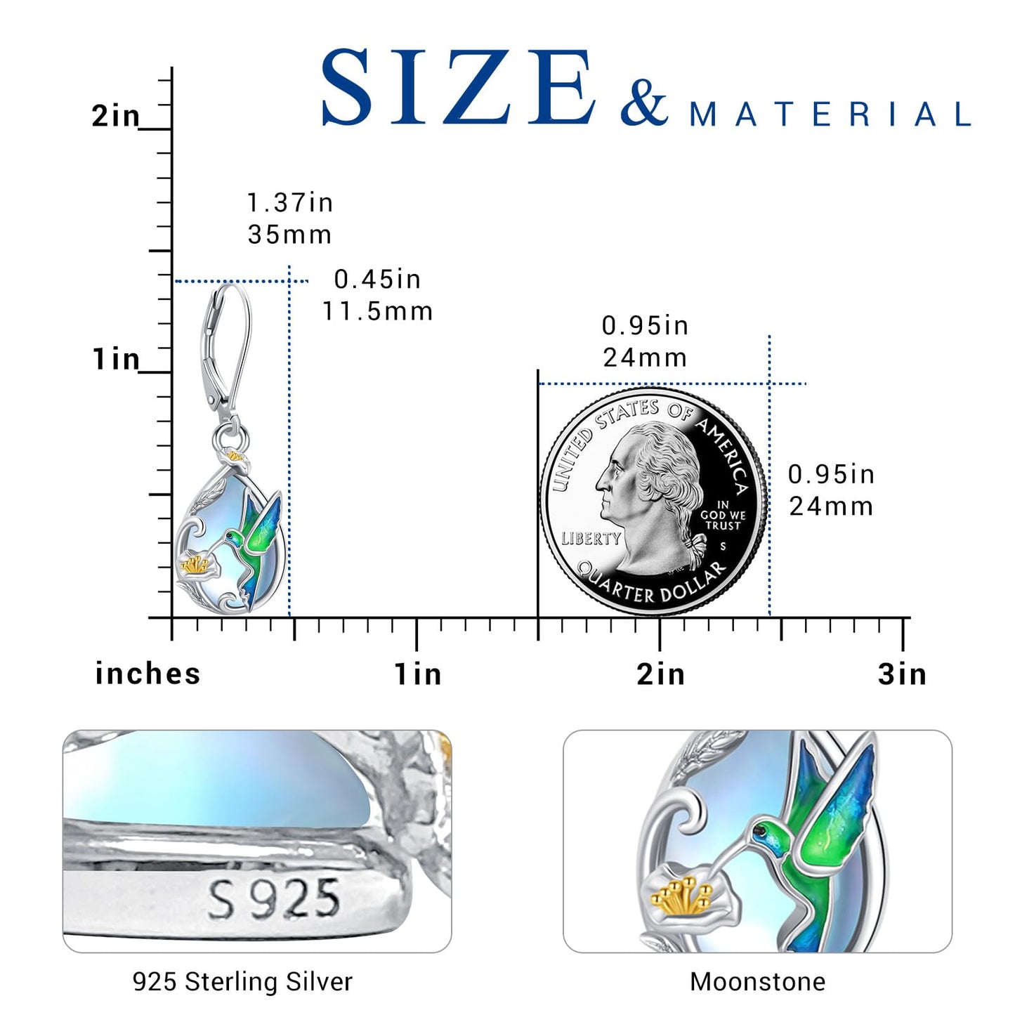 Eusense Sterling Silver Teardrop Moonstone Earrings Delicate Hummingbird Earrings for Women Floral Dangle Design Elegant Vintage Bird Jewelry Gift