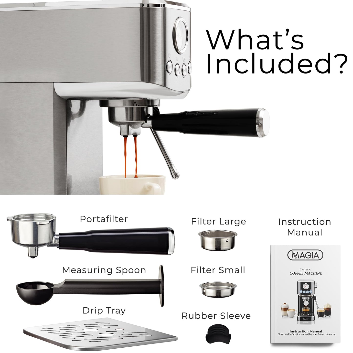 Zulay Kitchen Magia Compact Espresso Machine – 20 Bar Coffee Maker with Milk Frother Steam Wand, Latte & Cappuccino Maker, 1350W Fast Heating, 40oz Removable Water Tank, Stainless Steel – Silver
