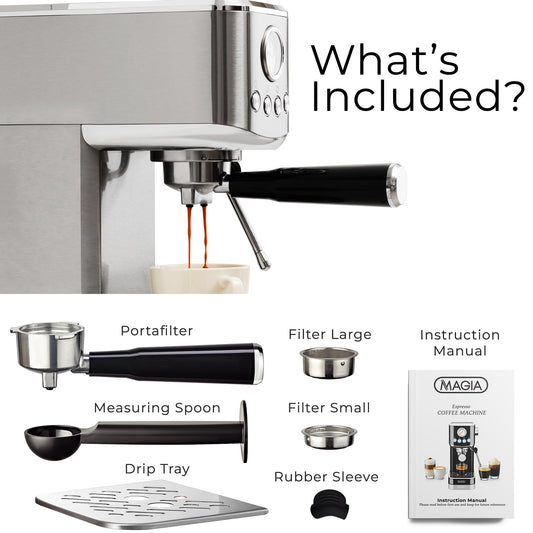 Zulay Kitchen Magia Compact Espresso Machine – 20 Bar Coffee Maker with Milk Frother Steam Wand, Latte & Cappuccino Maker, 1350W Fast Heating, 40oz Removable Water Tank, Stainless Steel – Silver
