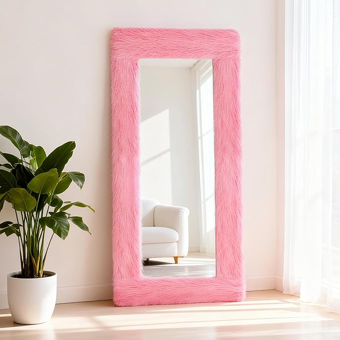 Fluffy Full Length Mirror Cover Universal Ultra Soft Non-Slip Border with Adhesive Tape Pink Fuzzy Frame Decor for Standing Mirror Bedroom Cloakroom Home Decor Women Gifts (pink, 64 x 21 Inch)