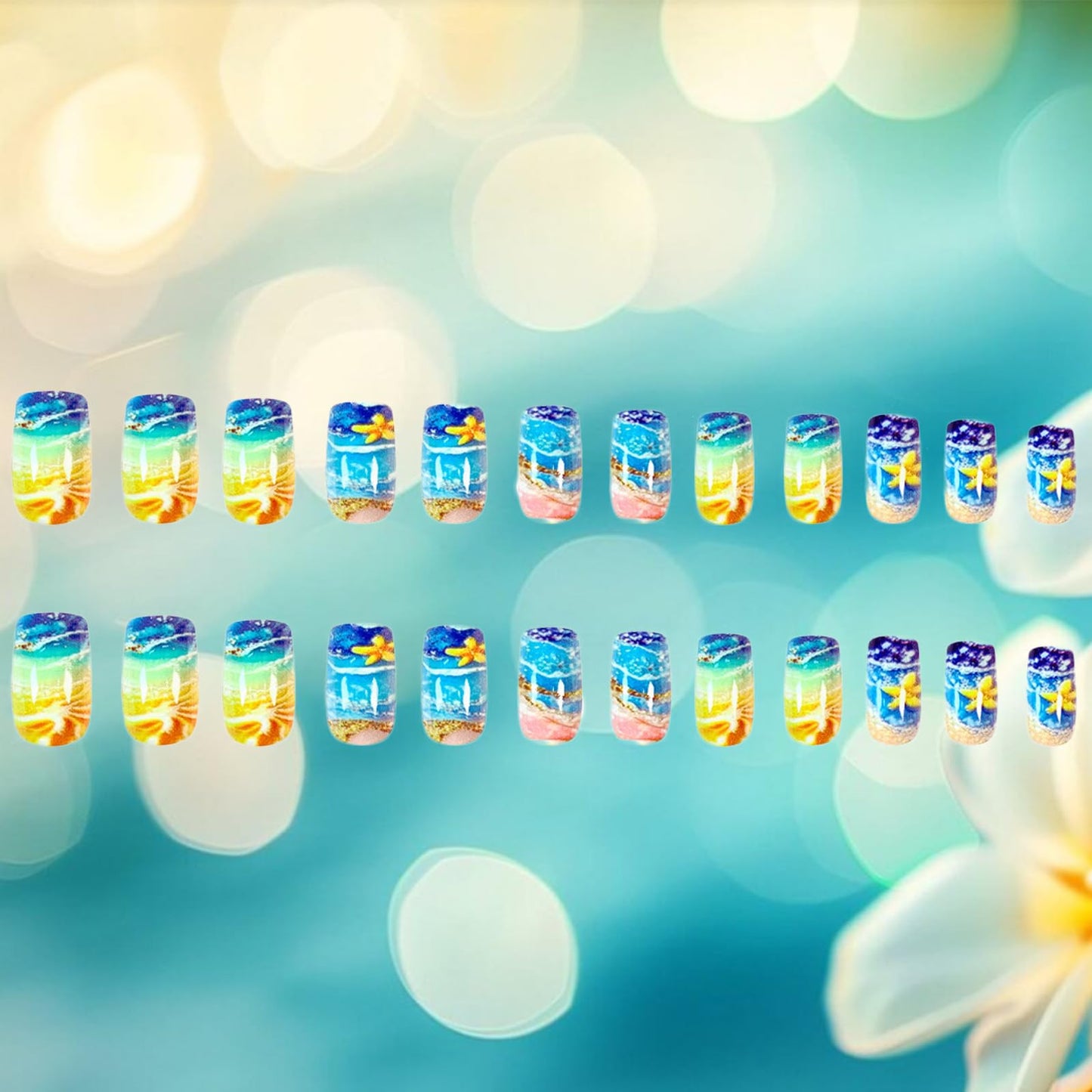 24Pcs Summer Press on Nails Short Square Fake Nails with Gradient Waves Design Golden Beach False Nails Glossy Glue on Nails Acrylic Nails Full Cover Stick on Nails for Women Manicure