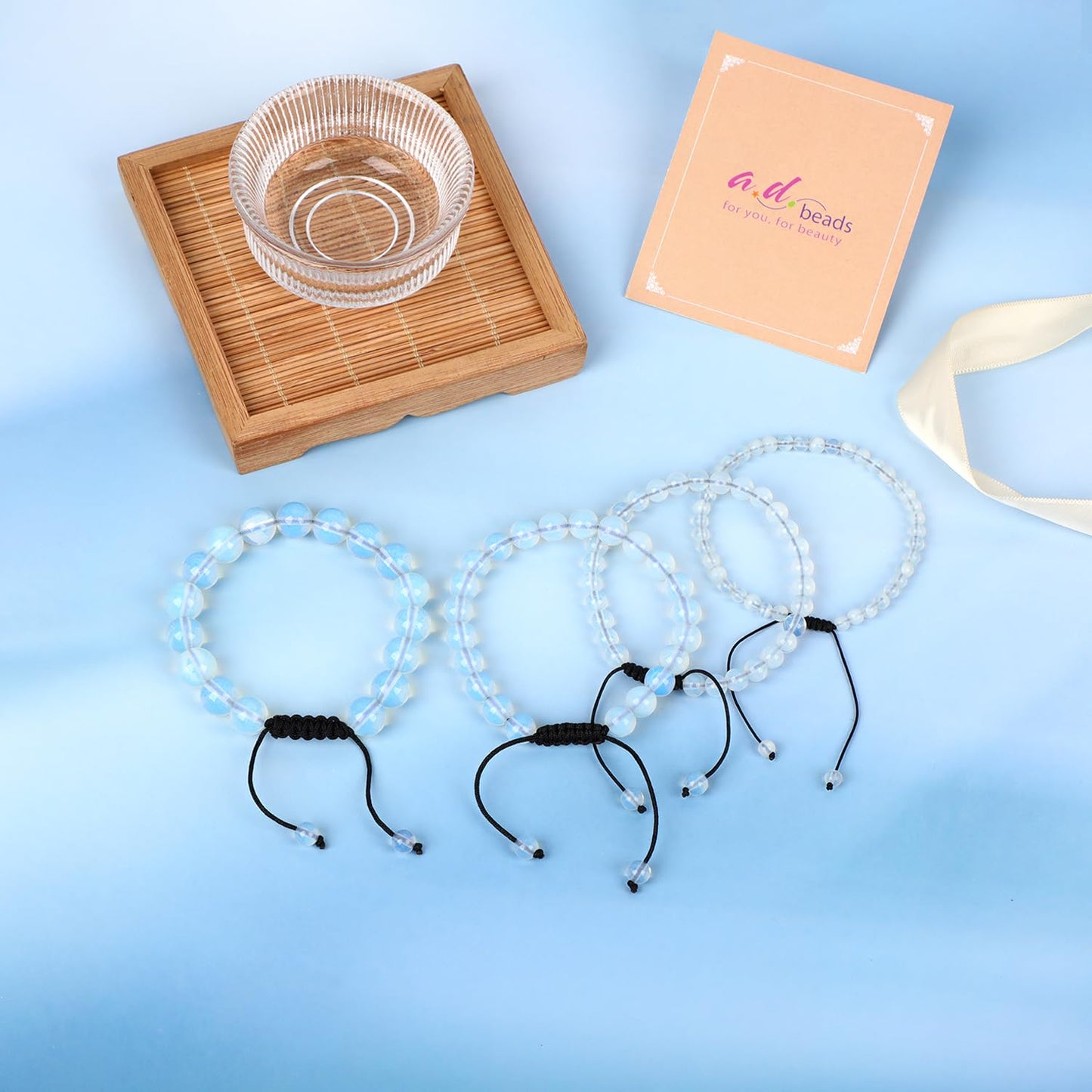 AD Beads 4mm Opalite - Self-Descovery - Handmade Natural Stone Crystal Bracelet with Adjustable Macrame String - Yoga Healing Power Energy Gifts for Men and Women