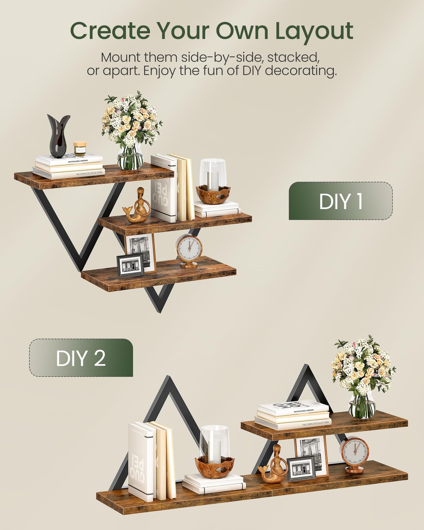 CHOEZON Floating Shelves for Wall, Wall Mounted Shelf Set of 2, DIY Hanging Shelf for Wall Decor, for Living Room Bedroom Bathroom Kitchen, Rustic Brown TBJ11BF