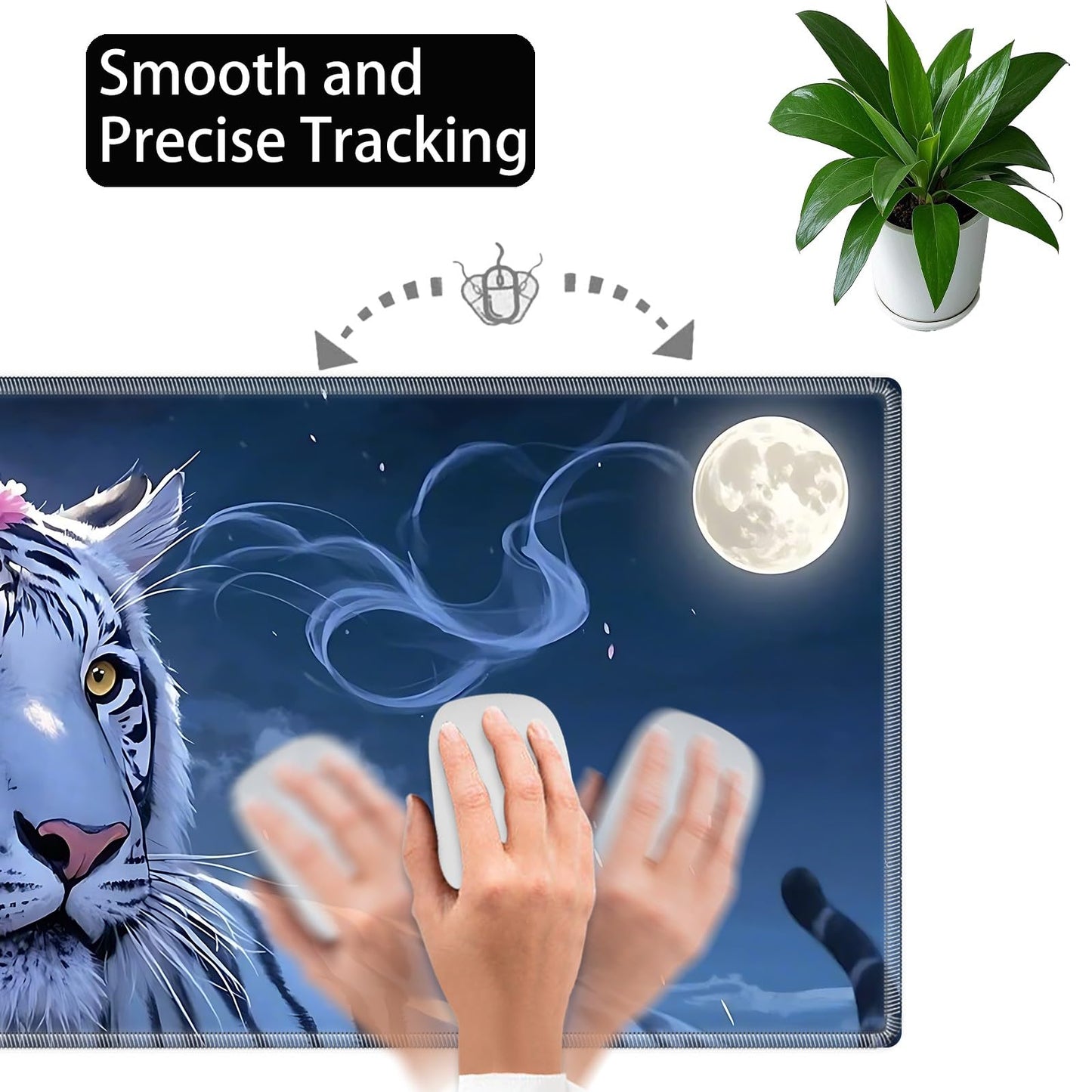 XL Large Gaming Mouse Pad 31.5x11.8 inch + Coasters -Extended Desk Pad Mat with Stitched Edges, Non-Slip Rubber Base, Black Computer Mousepad for Laptop, PC, Office & Home,White Tiger Flower