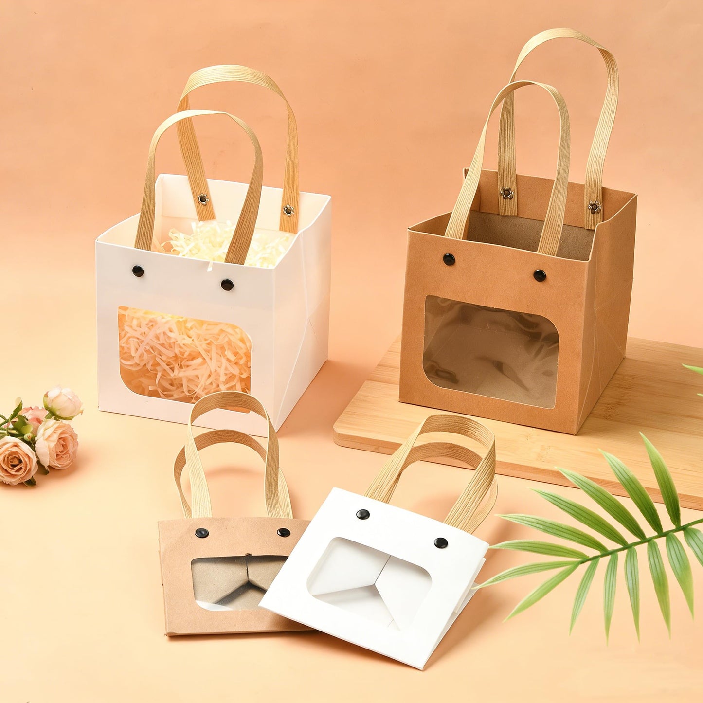 Echoed Elegance Kraft Paper Bags with Nylon Handles and Clear Window, 10 Pieces, 2 Styles, Square Gift and Shopping Bags for Retail, Party, Wedding, Craft Packaging (White)
