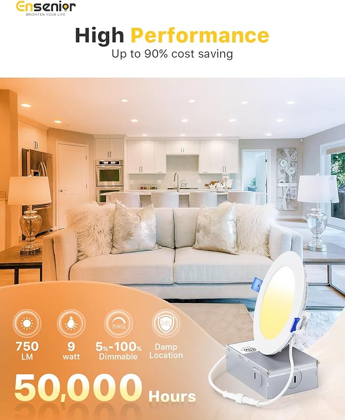 Ensenior 12 Pack 4 Inch LED Recessed Ceiling Light, Dimmable, 2700K-5000K 5CCT, 750LM 9W 120V, High Brightness Canless Wafer Downlight - ETL&FCC&IC