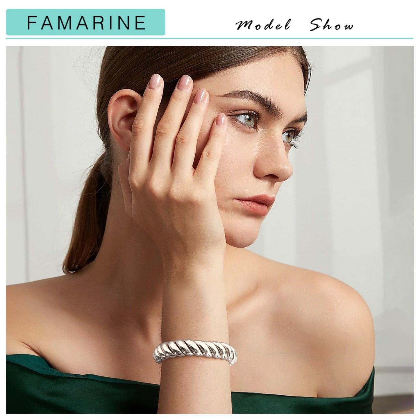 FAMARINE Silver Chunky Bangle Bracelet, Stretchable Elastic Bracelet for Women Men