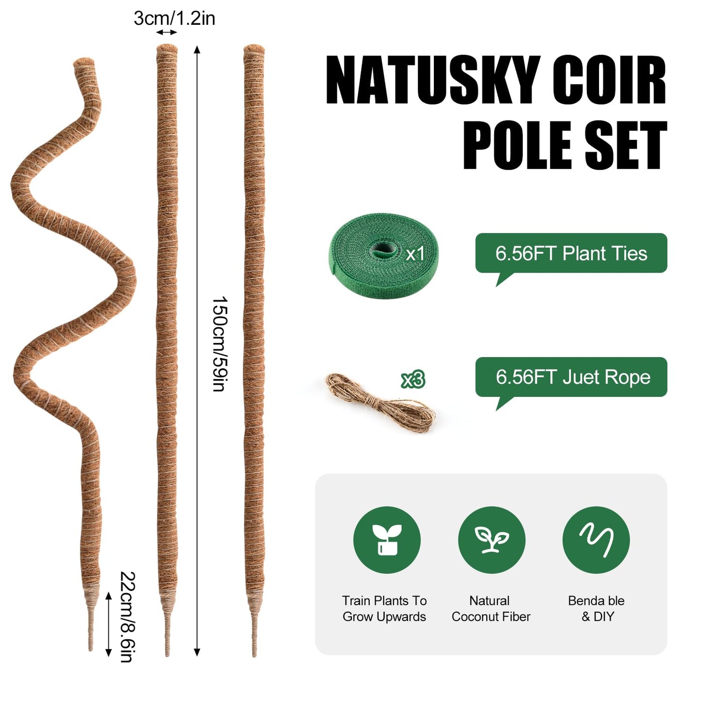 3 Pack Moss Pole 63 Inch Monstera Plant Support Moss Poles Bendable for Climbing Plants Longer Coco Coir Sticks Support Stakes Tall for Indoor Creeper DIY Shape Plants Grow Upwards