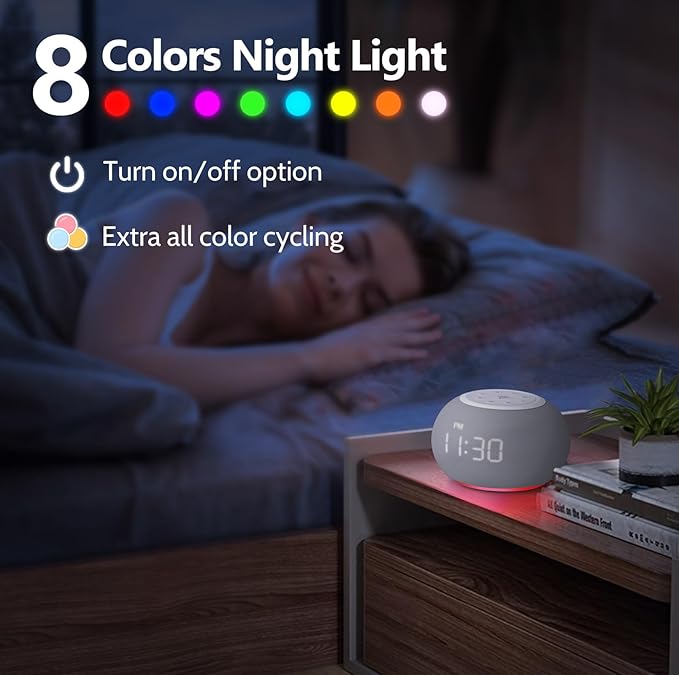REACHER Auto-Dimmable Sound Machine Alarm Clock with 20 Sounds&Night Light | Auto-dimming LED display, 20 soothing sounds, sleep timer, precise volume, night light, white noise soother for bedrooms