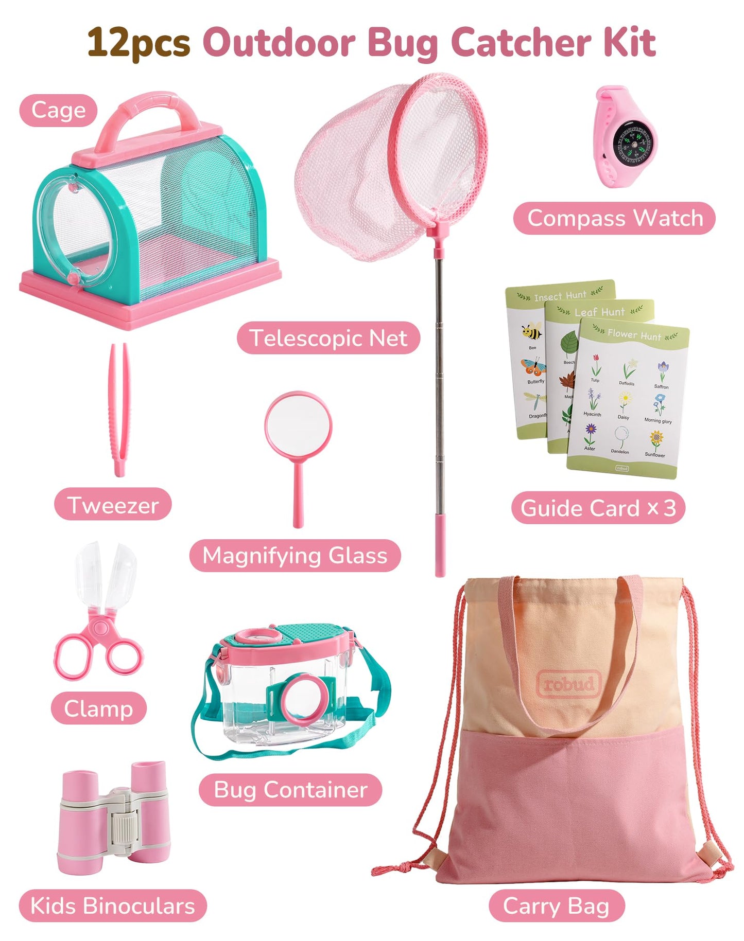 ROBUD Upgraded Bug Catcher for Kids, Bug Catching Kit with Bag Kit, Pink Outdoor Exploration Set for Camping, Montessroi Toy for Kids Coming Closer to Nature，WRP59