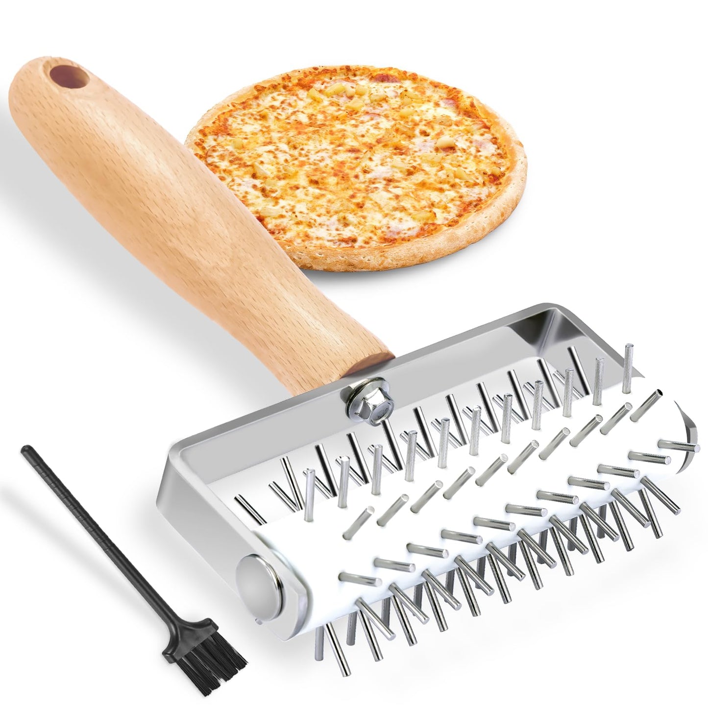 JuyVerq Pizza Dough Docker, Professional Dough Roller with Stainless Steel Spikes Wood Handle, Sturdy Pizza Docking Tool for Home & Commercial Kitchen, Time-Saver for Making Pizza Pie Pastry Bread