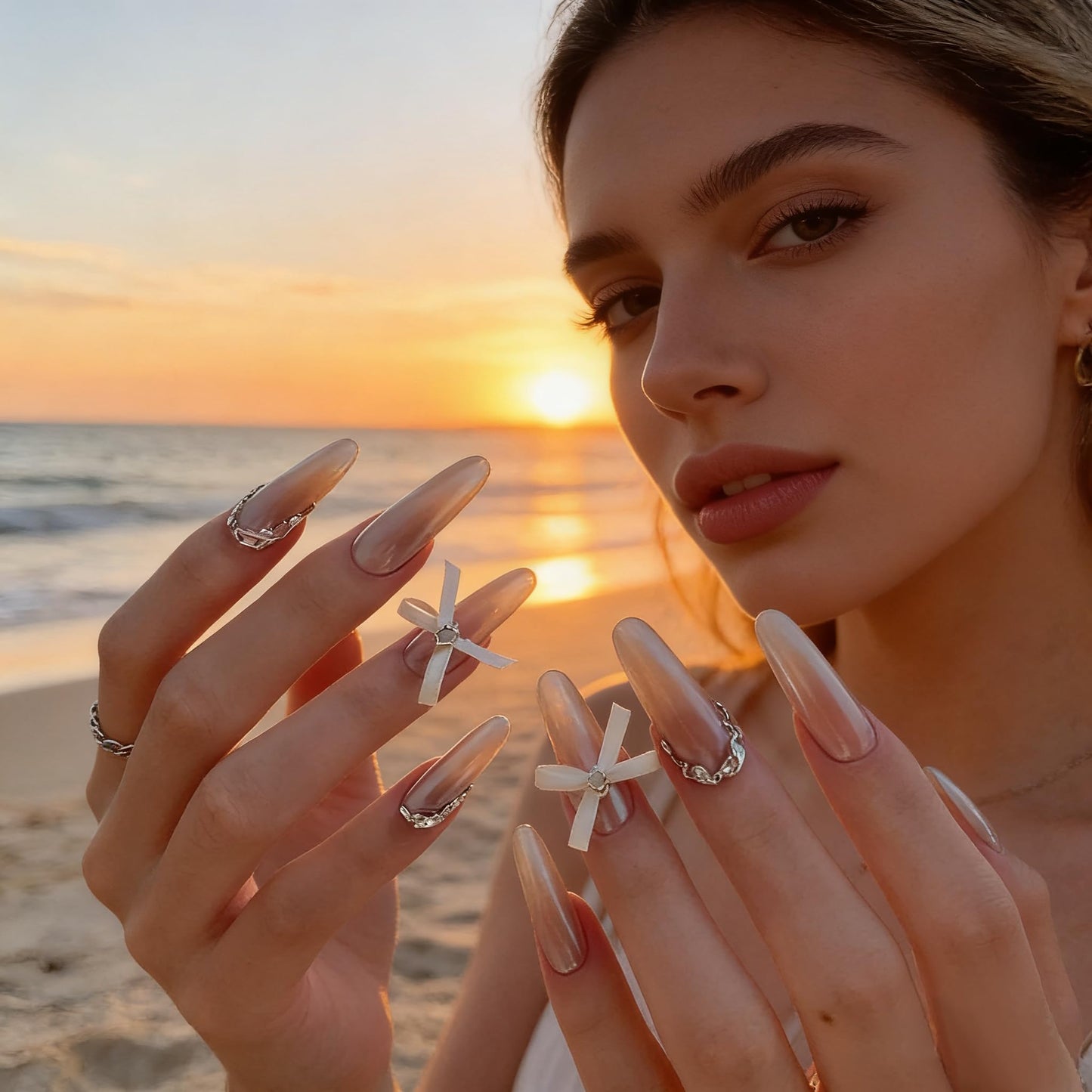 24pcs Elegant pearl white Press On Nails,extra-long almond Fake Nails with crystal bow Decor, Reusable Stick On Nails for parties&special occasions