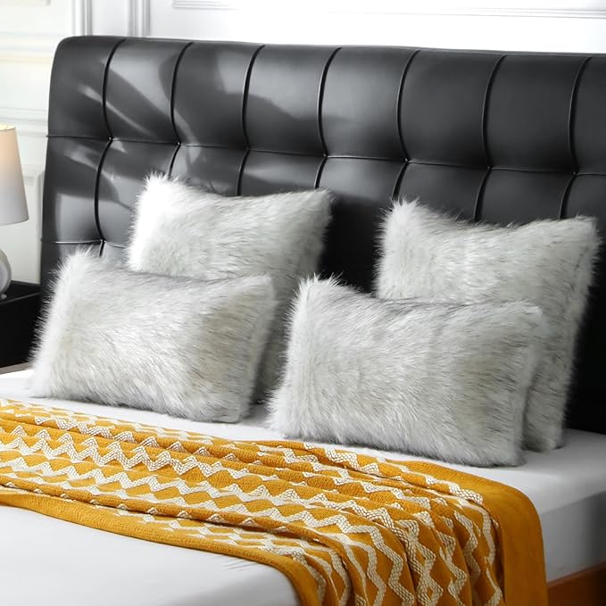 FUTEI Black White Decorative Throw Pillow Covers 18x18 Inch Set of 2,Soft Fluffy Faux Fox Fur Textured Cushion Case,Modern Home Decor for Couch Living Room