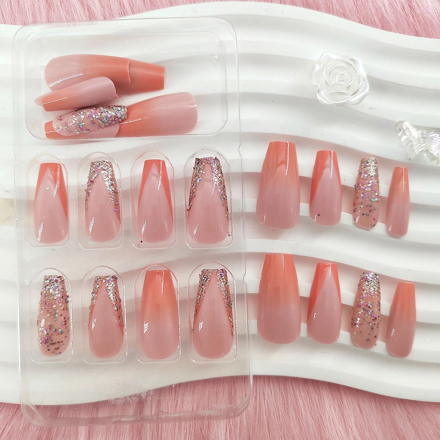 Coffin Press on Nails Medium Light Pink Fake Nails with Glue Orange Gradient Glitter Designs French Glue on Nails Medium Length Pink Full Cover Acrylic False Nails for Women 24 Pcs