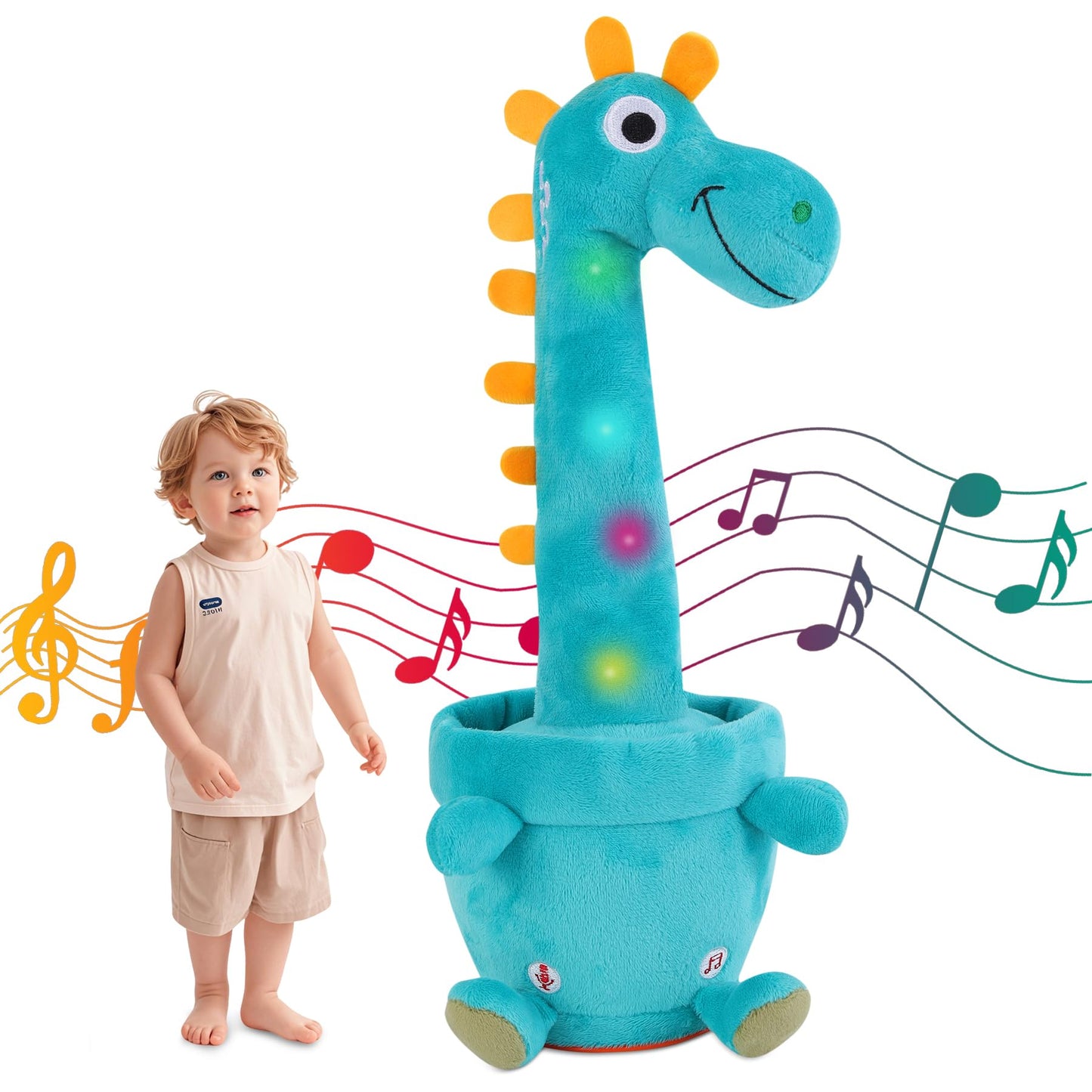 LLUKEME Dancing Talking Giraffe Toy, Stuffed Animal Baby Toy Repeating What You Say, Glowing Musical Electronic Giraffe Gifts for Toddlers 1-3 Years Old (Dancing Dinosaur)