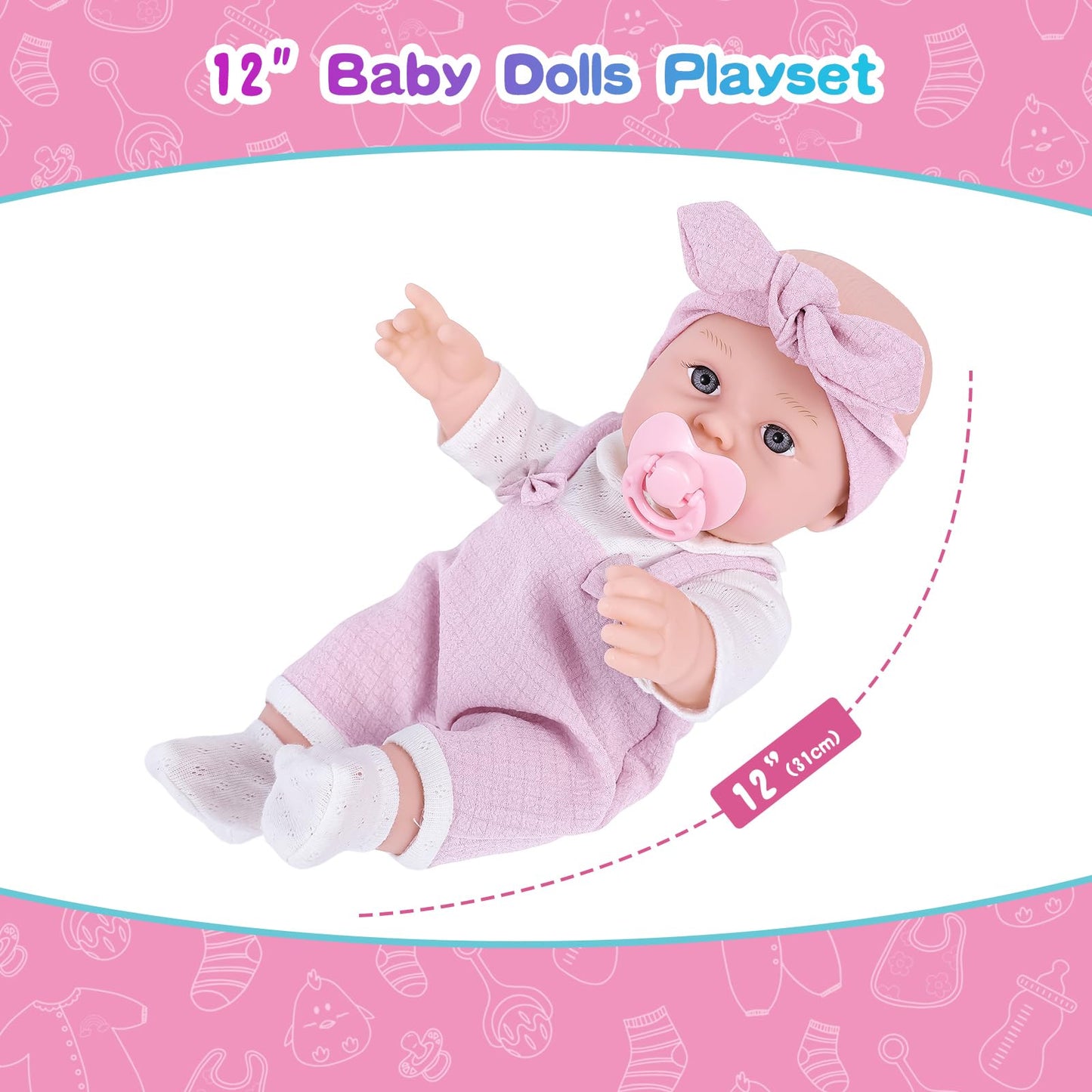 BDDOLL 12'' Baby Doll Playset with Clothes and Dolls Carrier Accessories Included Baby Carrier, Bottles, Nipple, Socks, Headbands