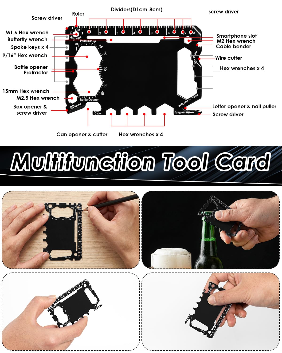 HAYVAN Credit Card Multitool - 12 Set Stainless Steel 46-in-1 Survival Tool Kit, Wallet Multitool Card with Bottle Opener for Camping Outdoor, Bulk Mens Gifts with Gift Envelopes (Black)