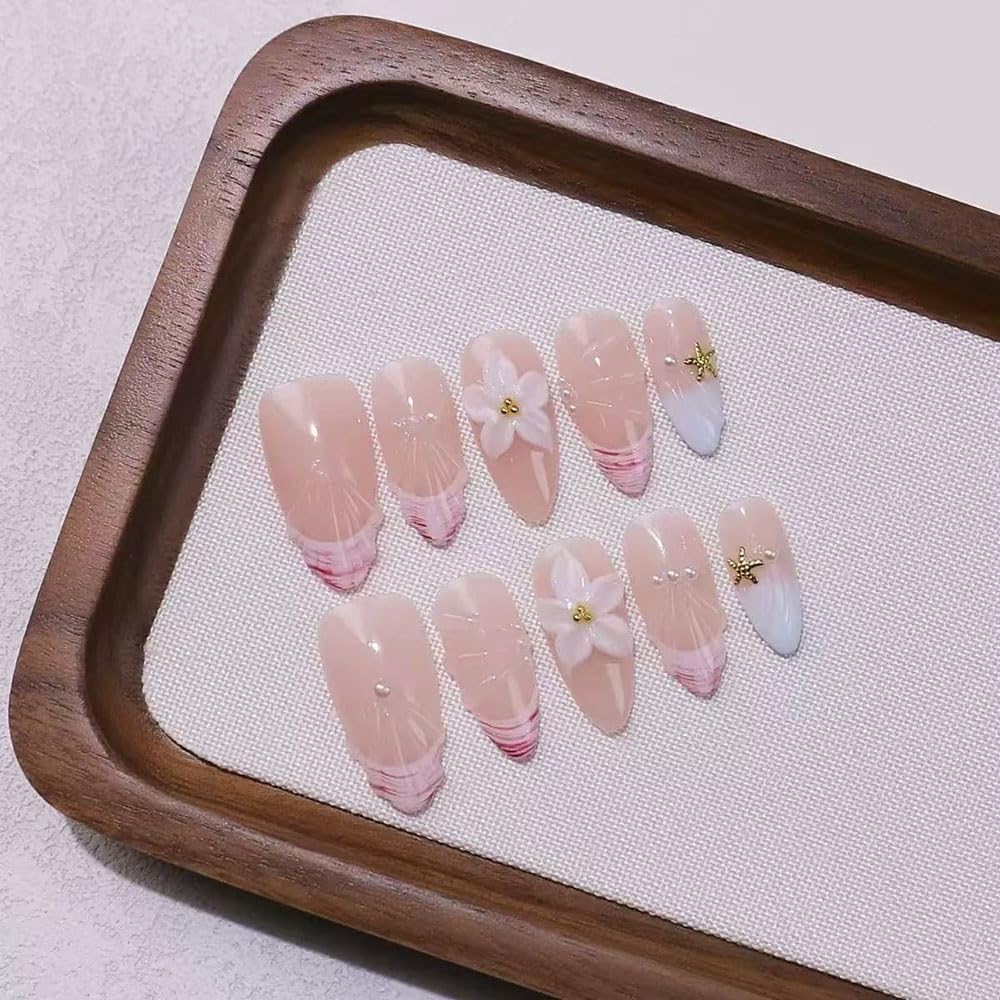 10Pcs Medium Almond Handmade Press On Nails | Easy Apply & Remove, Reusable Salon Quality Nails | Sheer Nude Beach Themed Fake Nails with 3D Seashell & Floral Accents (A022, S)