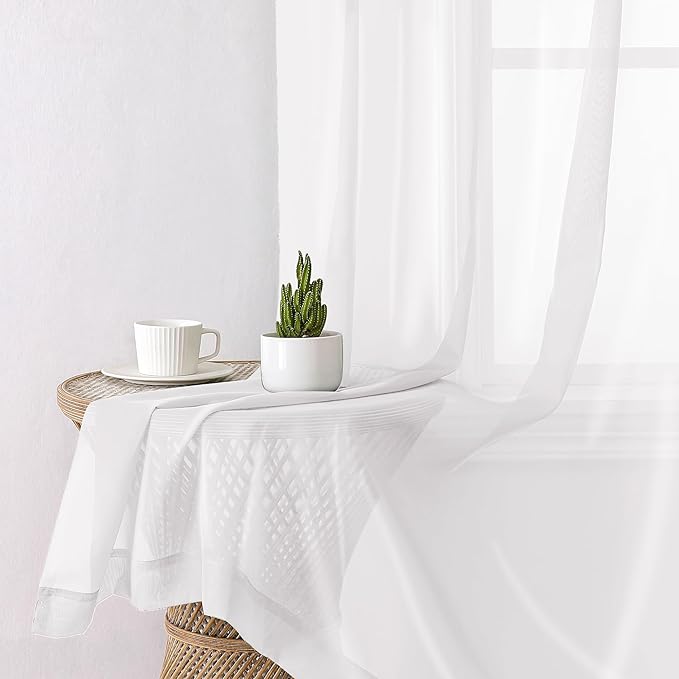 Lecloud White Sheer Curtains 90 Inches Long 2 Panels, Farmhouse Voile Window Drapes Rod Pocket, Elegant Airy Sheer White Curtains for Living Room Bedroom, Each Panel 42 X 90 Inch