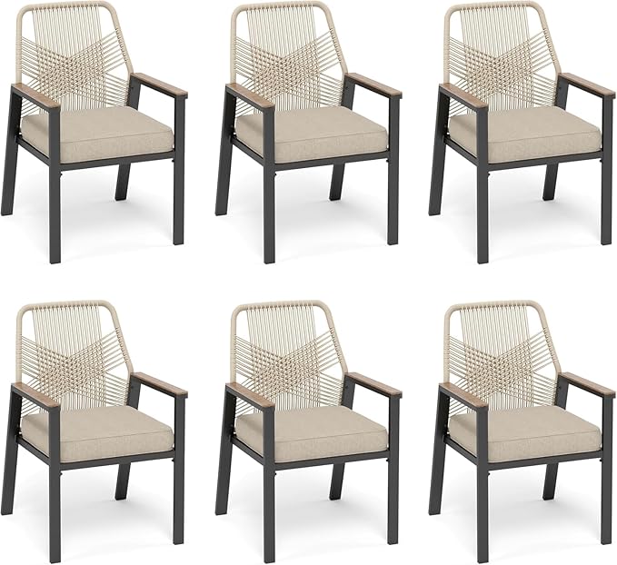 Patio Dining Chairs Set of 6, Heavy-Duty Woven Rope Outdoor Chairs with Waterproof Cushion and Wrought Iron Frame, All-Weather Outside Seating for Kitchen Garden Deck Backyard