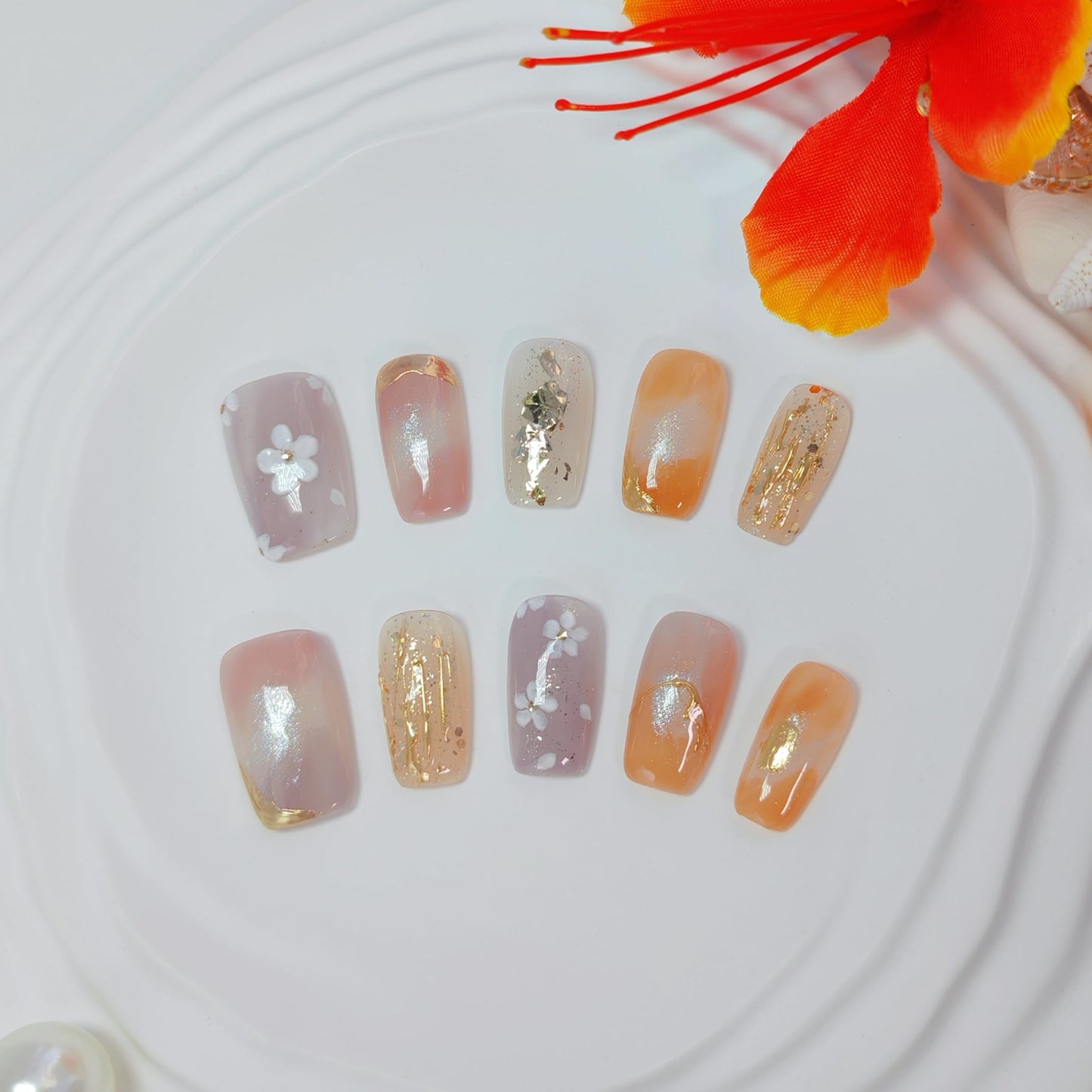 Medium Square Press on Nails Cat Eye Handmade False Nails with Designs, French Tip Short Coffin Reusable Fake Nails (Floral Orange#Small)