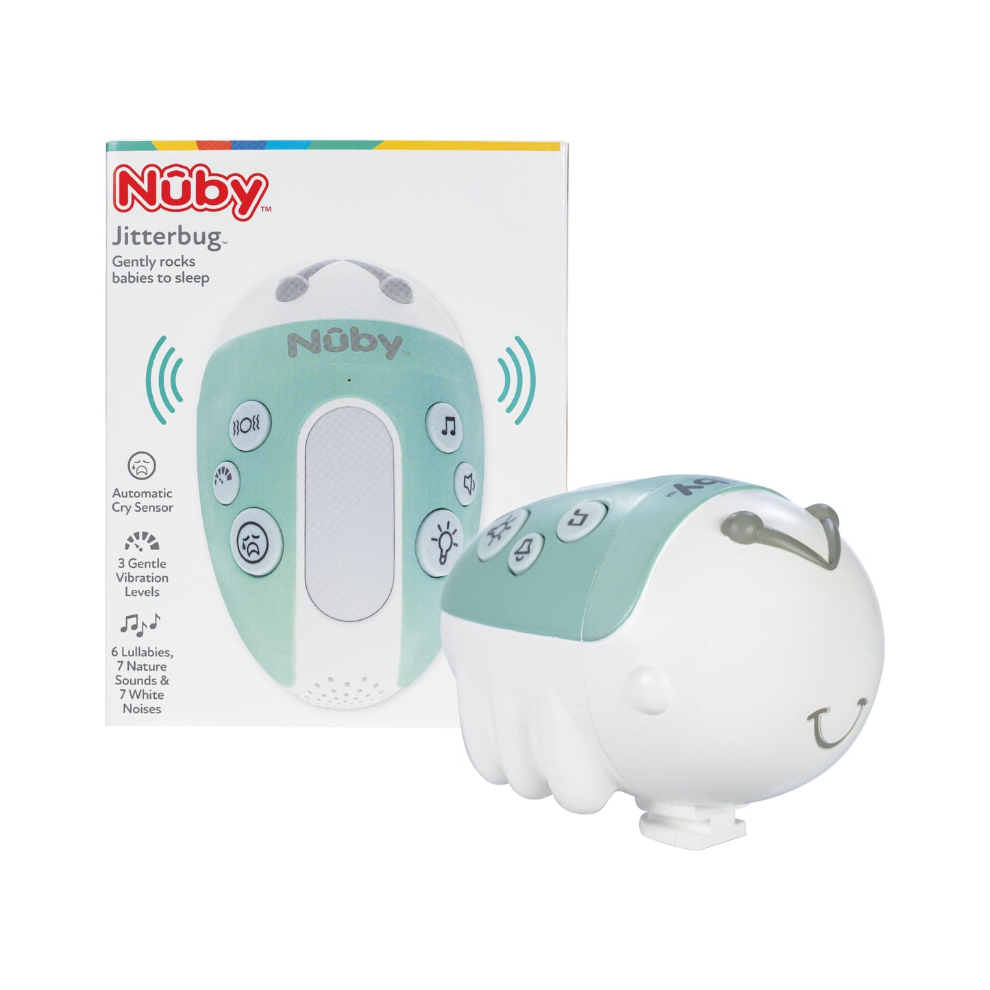Nuby Jitterbug Stroller Rocker & Sound Machine for Babies - Portable Soother with Vibrations, Sounds, and Light Colors - USB-C Rechargeable - Attaches to Strollers and Cribs - Green