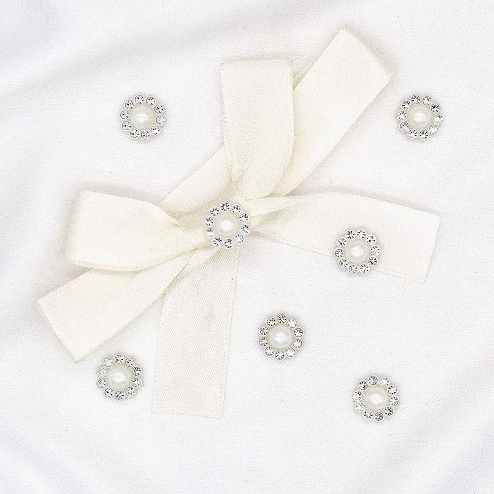 100 pcs Rhinestone Faux Pearl Buttons Accessory Decoration Craft for DIY Scrapbooking Embellishments Wedding Bouquet Flower Centre Home Decor 14mm (100 PCS Silver)