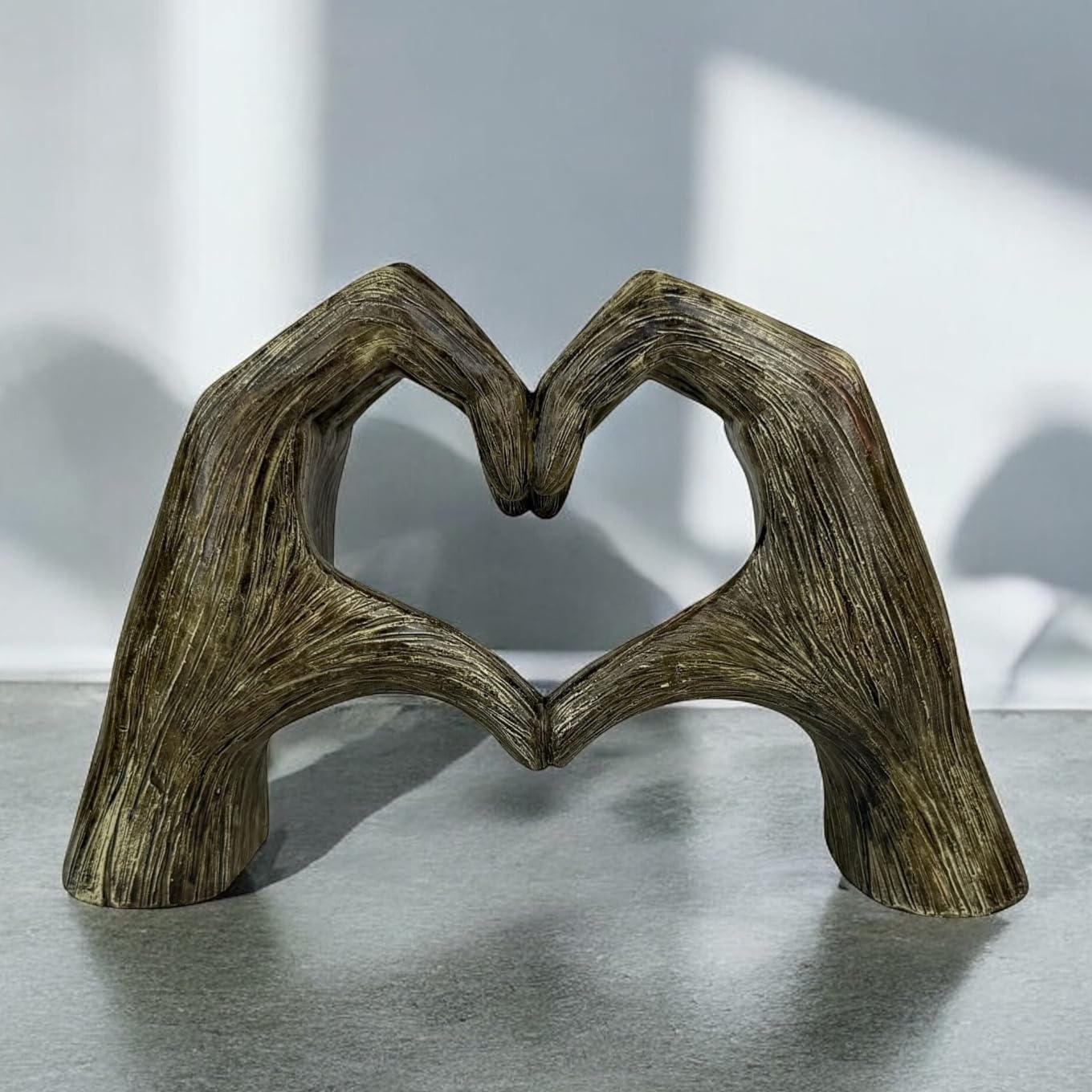 Top Brass Large Rustic Heart Hands Sculpture, 9 3/4” Resin Love Statue – Romantic Decor Accent for Shelf or Mantel – Perfect for Wedding, Valentine's Day or Anniversary (Rustic Wood Grain)