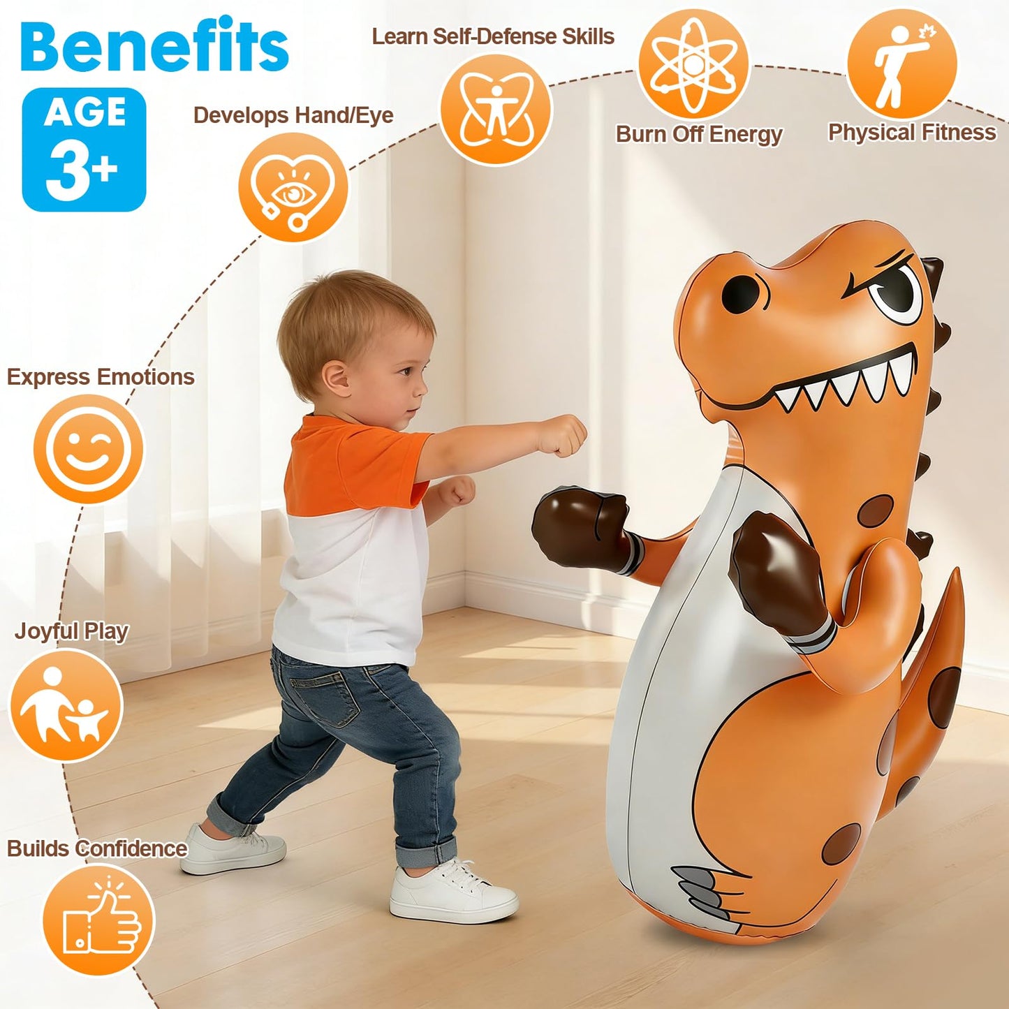 Inflatable Dinosaur Punching Bag for Kids, 47" Toddler Blow up Punching Bag for Ages 3-14, Children Bop Bag Toys & Gifts with Bounce-Back Action