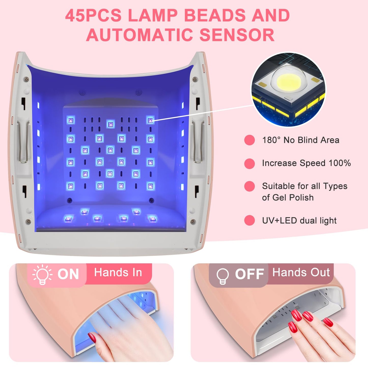 Nailartane Cordless UV Nail Lamp, 96W UV LED Nail lamp for Gel Polish & Acrylic Nails, Fast Curing Nail Light with 4 Timers, Detachable Base, Auto Sensor, 45 LED Beads, Salon & Home Use (Pink)
