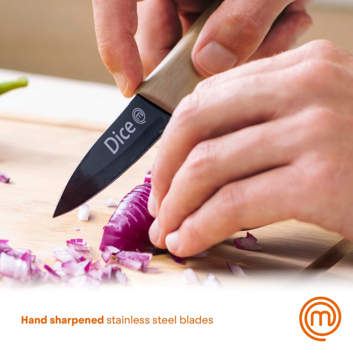 MasterChef Knife Set of 3 Kitchen Knives for Cooking (Chef, Paring & Utility), Professional Sharp Stainless Steel, Non Stick Blades & Soft Touch Handles, Easy Grip, Natural Collection, 3 Piece