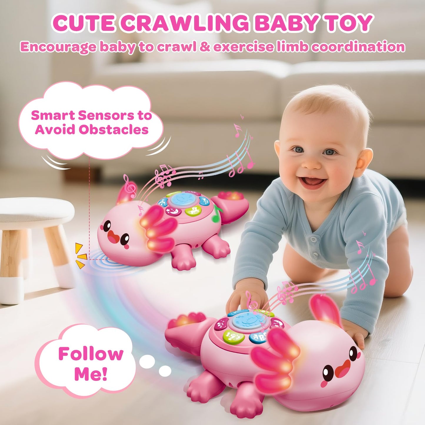 Baby Crawling Toy 6-12 Months, Tummy Time Musical Light-Up Axolotl Toy with Obstacle Avoidance, Interactive Early Educational Learning Toys for Infants 6-9-12 Months, Gift for 1 Year Old Boy Girl