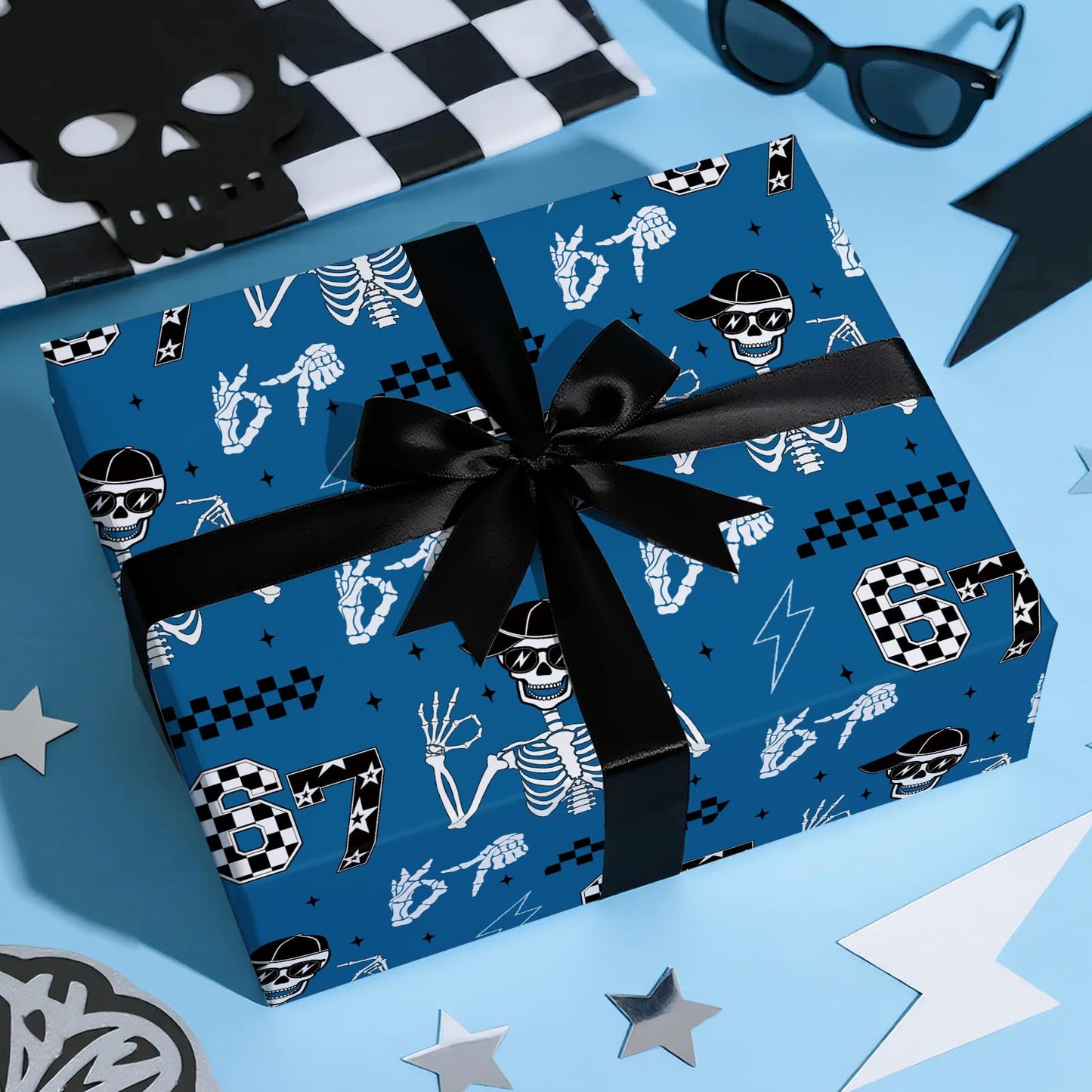 RUSPEPA 67 Skeleton Wrapping Paper Roll, Mini Roll, Blue Cool Street Style 67 Meme Design with Skeleton, Checkered & Lightning, Funny Gift Wrap for Kids, Boys, Teens, Birthday, 17 Inches x 16.4 Feet