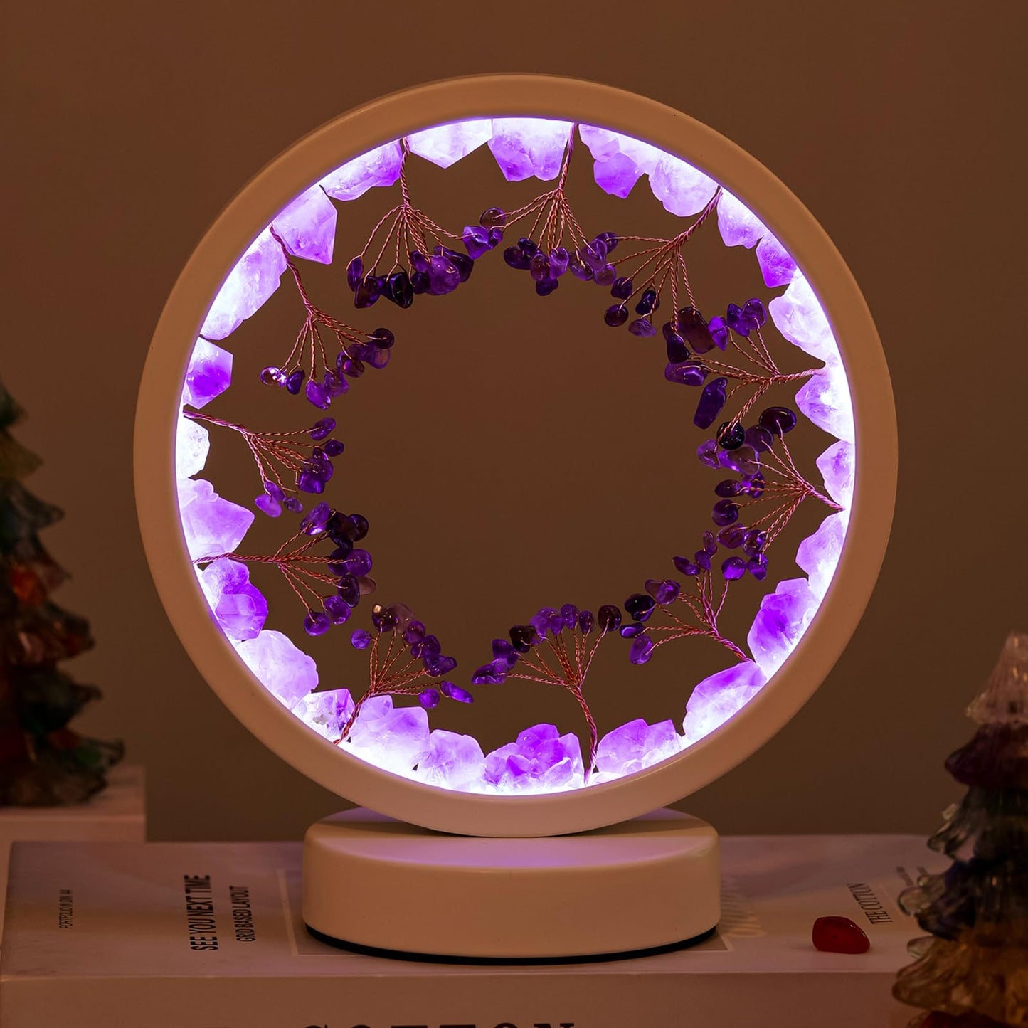 Runyangshi Crystal Night Lamp Natural Citrine Crystals Small Tree Bedside Ambient Lamp USB Port 3 Colours Adjustable Lamp Suitable Night Light for Living Room Bedroom Office Home Decor Gift