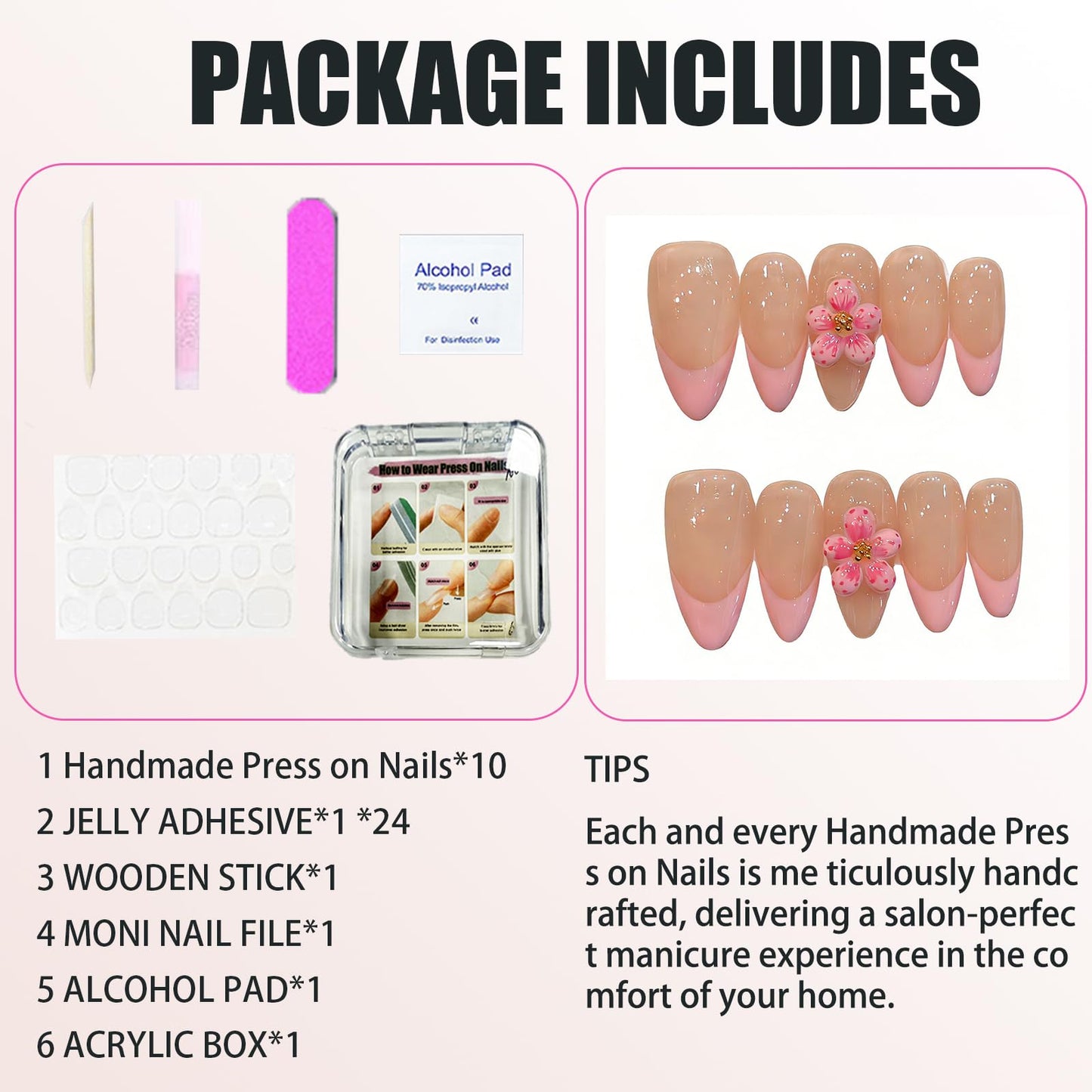 Handmade Press On Nails Medium Almond Pink And Delicate Carved Ppeach Blossoms Reusable Wedding Prom And Festival Gift Handmade Acrylic Press On Nails Aacrylic Nail (L)