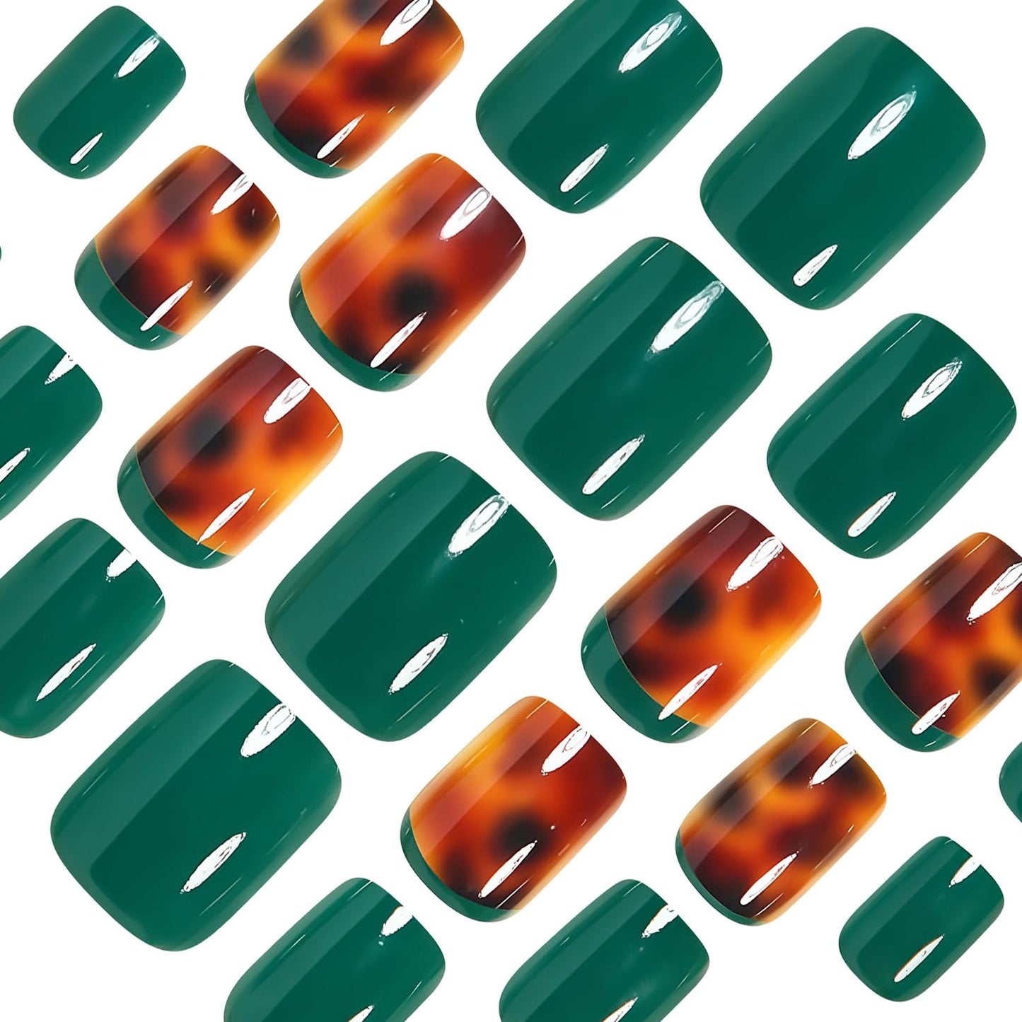 CEWEWP French Tip Short Press on Nails Square Fake Nails Light Green False Nails Amber Leopard Print Glue on Nail Glossy False Nails Cute Reusable Artificial Nail for Women Girls 24PCS