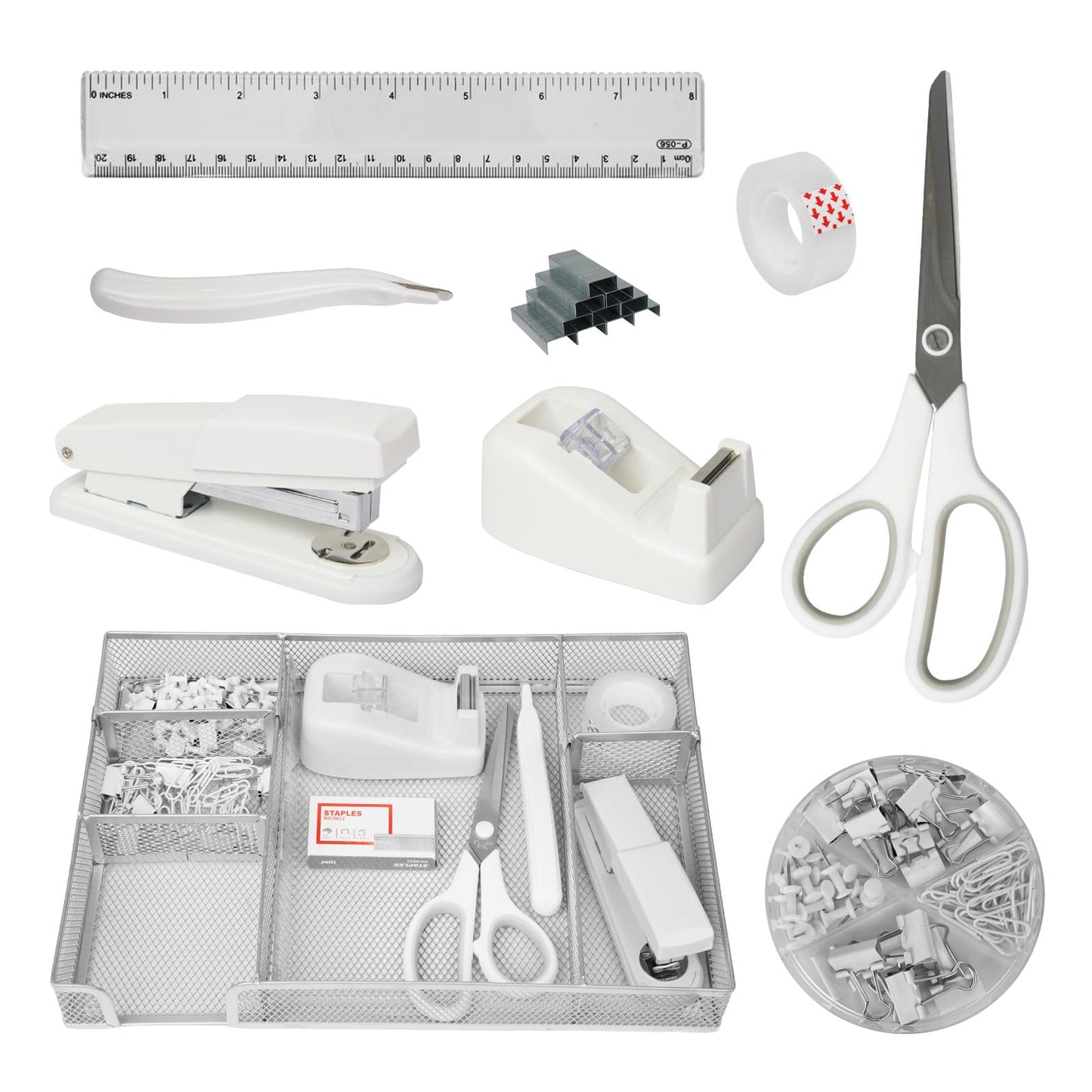 Office Desk Accessories, Desk Organizers and Accessories, Stapler and Tape Dispenser Set Metal Storage Box,Stapler,Staple Remover,Paper Clips,Ruler,Scissors.Suitable for Office and Study Use,White
