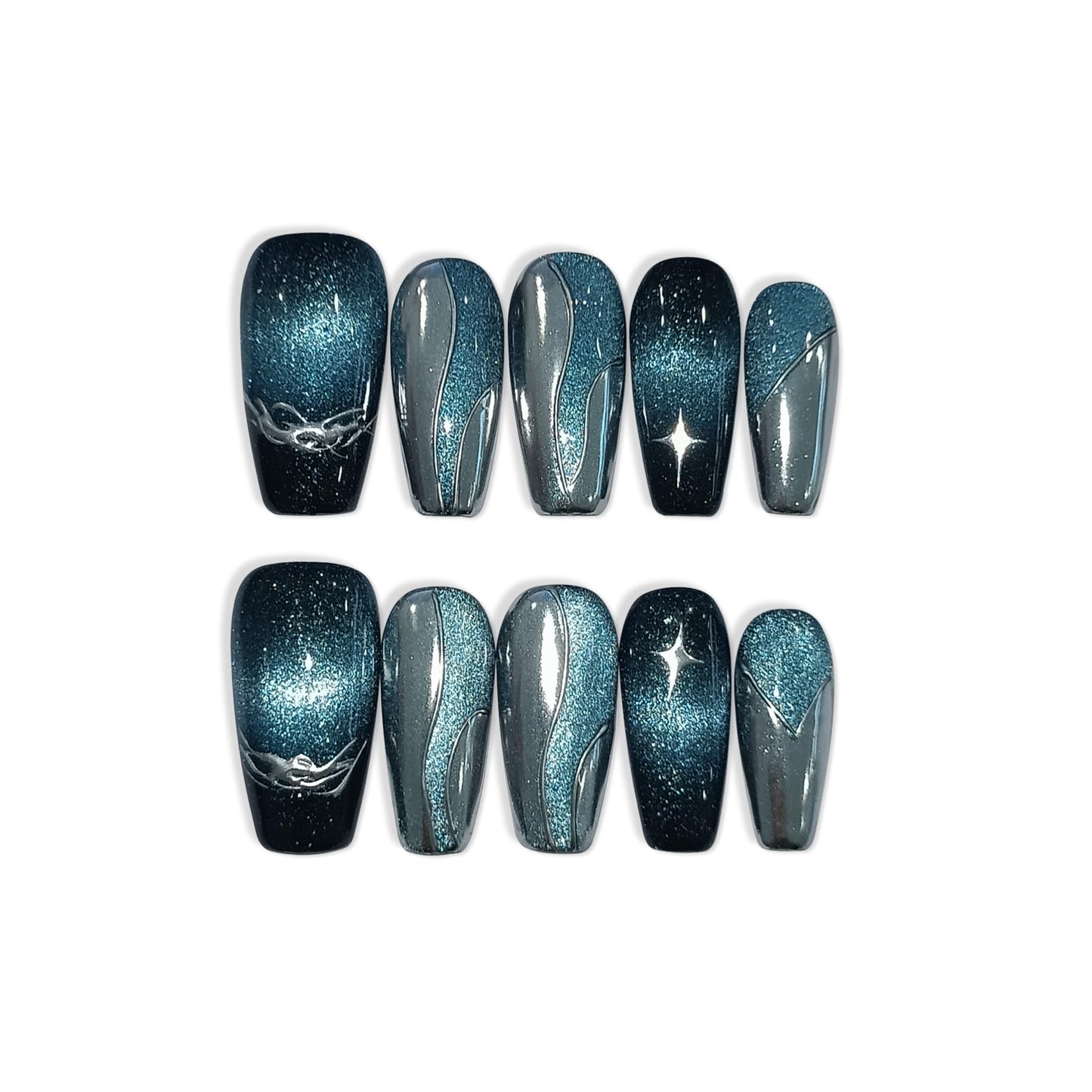 TENPAL 10Pcs Handmade Metallic Dark Blue Black Galaxy Cat Eye Press On Nails Coffin With Tools| 3D Wave Star Relief Punk Glitter Chrome Designs(XS)