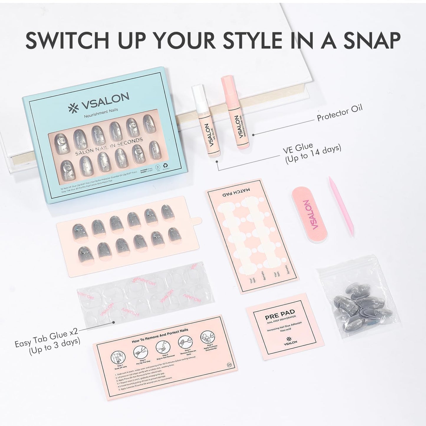VSALON Oval Short Press on Nails, Silver Gray Star & Moon Summer Celestial Cat Eye Glossy 3D Art False Nails, Reusable Salon Quality Fake Nails Kit-32 PCS Nails in 16 Sizes with Glue & Cuticle Oil