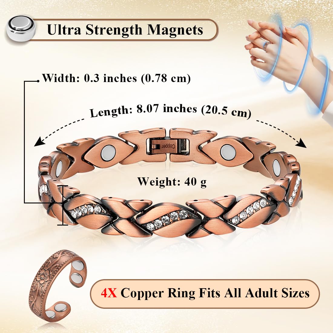 Vicmag Copper Bracelet for Women Ultra Strength Magnetic Bracelets with Effective Magnets 99.9% Pure Copper Jewelry Present with Adjustment Tool
