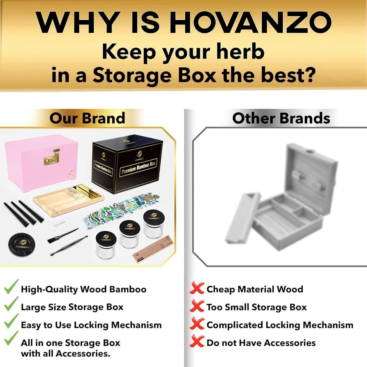 HOVANZO Premium Large Bamboo Storage Box with Removable Tray - Storage Wood Box for Herbs and Accessories - Storage Box Set with Combination Lock - Smell Proof Container with Accessories