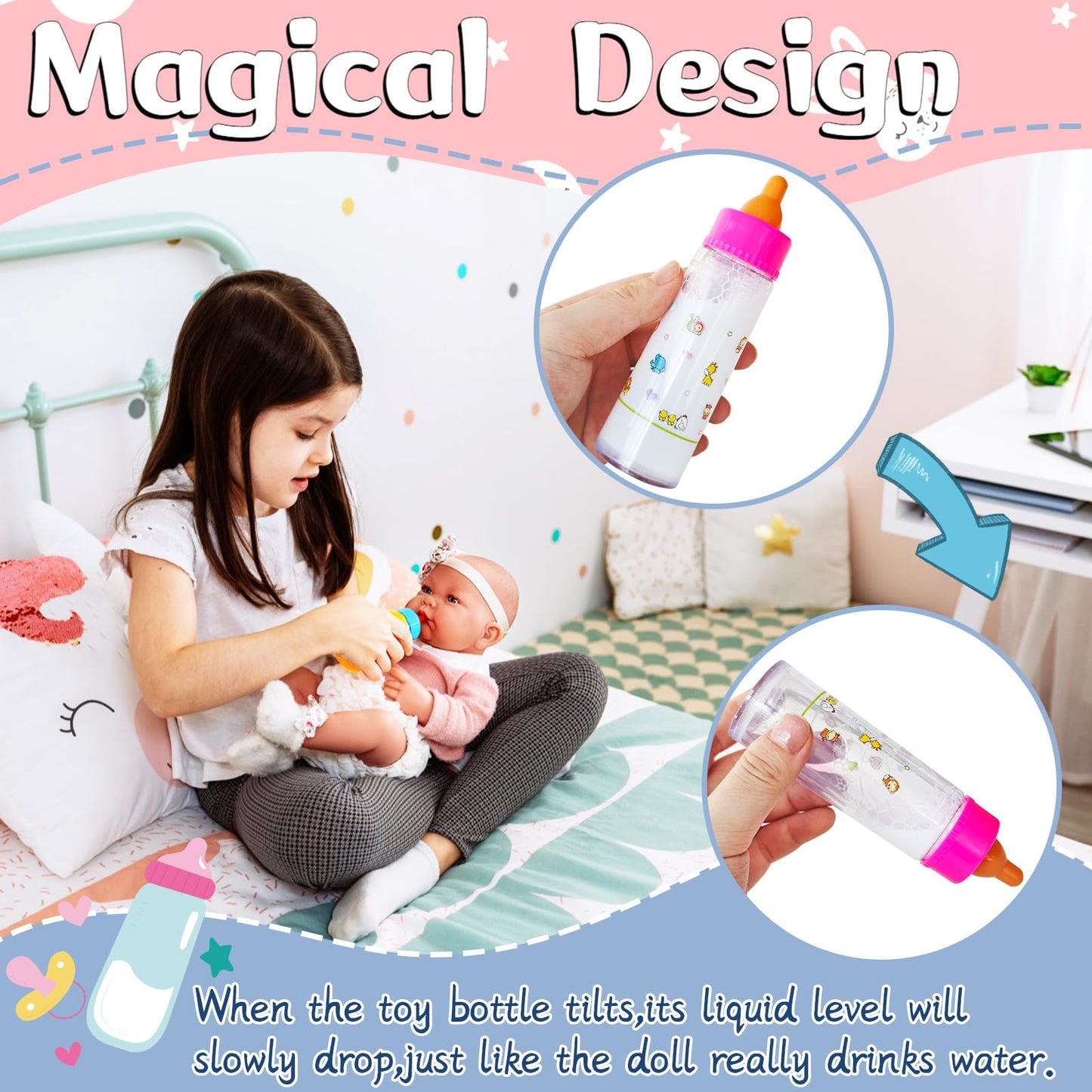 Woozettn 26 Pcs Baby Doll Accessories Magic Bottle Set,Pretend Play Feeding Toy Set with Package,Doll Feeding Set for Kids Girls,Magic Disappearing Juice Milk Bottles,Sippy Cups,Pacifiers,Bowl Spoons
